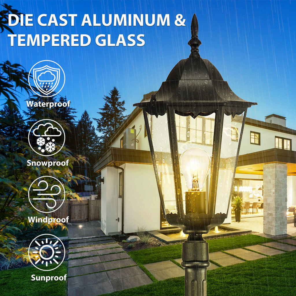 Post Light Fixture Pole Lantern With Die-Cast Aluminum, Waterproof Outdoor Post Light Fixtures Black With Tempered Clear Glass, Non Adjustable, Sturdy Metal Base