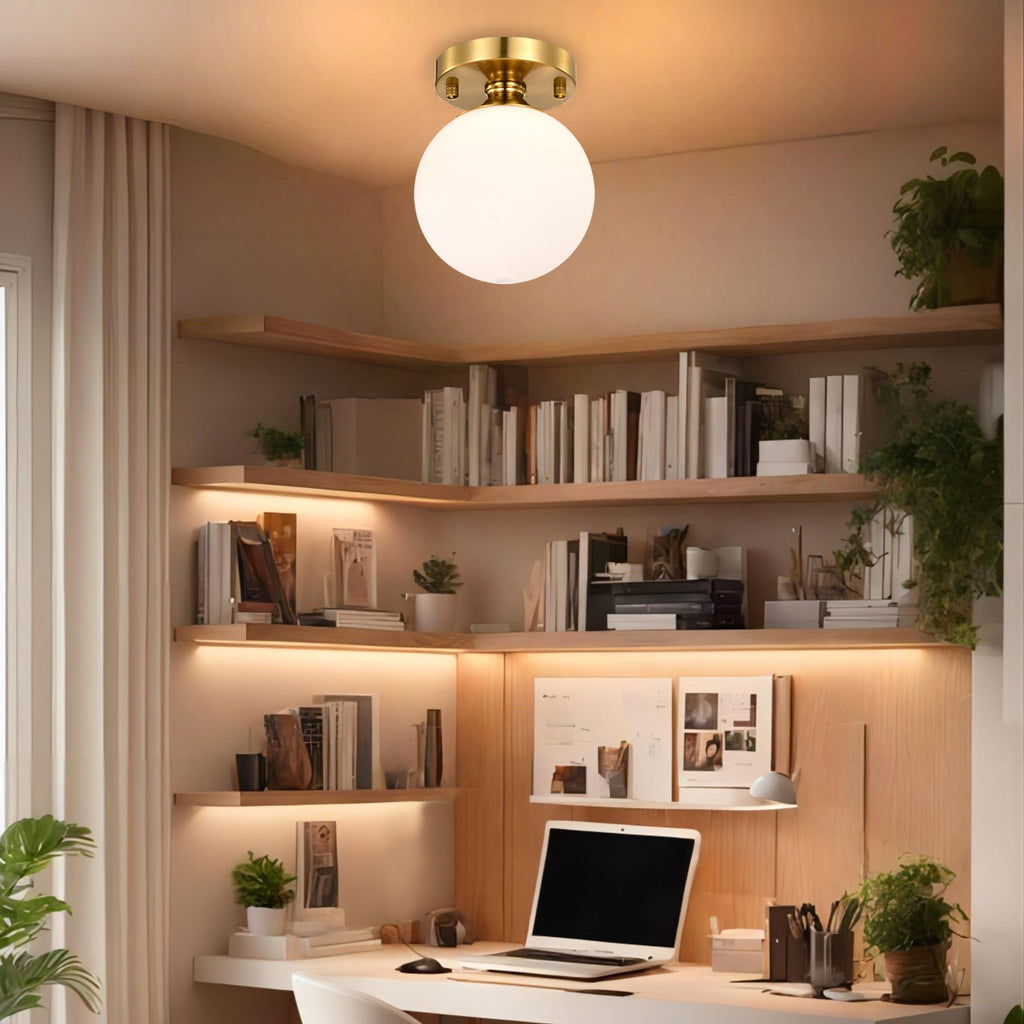 Modern Gold Flush Mount Ceiling Light with White Glass Globe, E12 Base Indoor Ceiling Lamp for Bedroom, Hallway & Kitchen,150mm