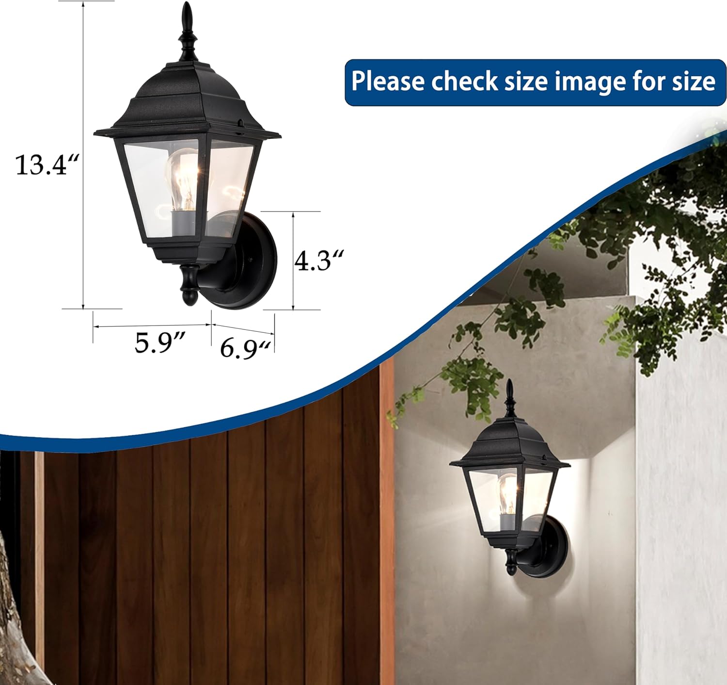 Traditional Outdoor Wall Light, Lantern Style Exterior Sconce with Clear Glass, E26 Base，2 pack