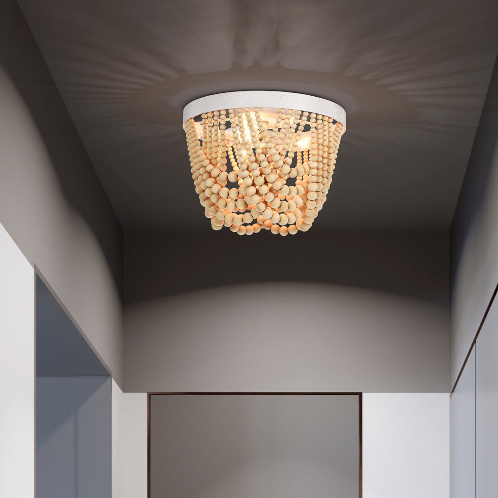 Small Wood Beads Chandelier 3-Light Flush Mount Ceiling Light