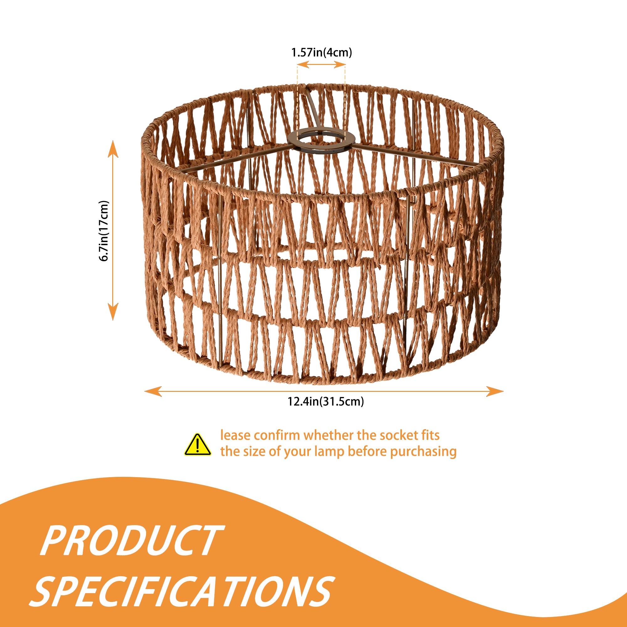 Boho Lamp Shade – Handwoven Hemp Rope Drum Shade, 12.4" x 6.7", Brown Light Cover for E26 Sockets with Fixing Ring – Rustic Light Shade for Pendant, Ceiling, or Floor Lamps
