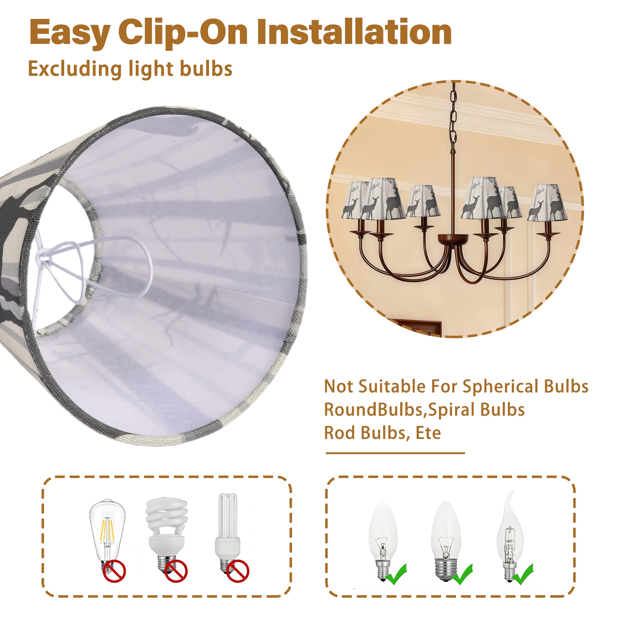 Chandelier Shades Set of 6, Clip-On Small Empire Lamp Shades for E12 Candelabra Bulbs, Forest Deer Printed Fabric