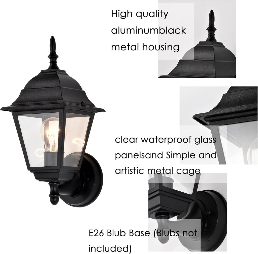 Traditional Outdoor Wall Light, Lantern Style Exterior Sconce with Clear Glass, E26 Base，2 pack