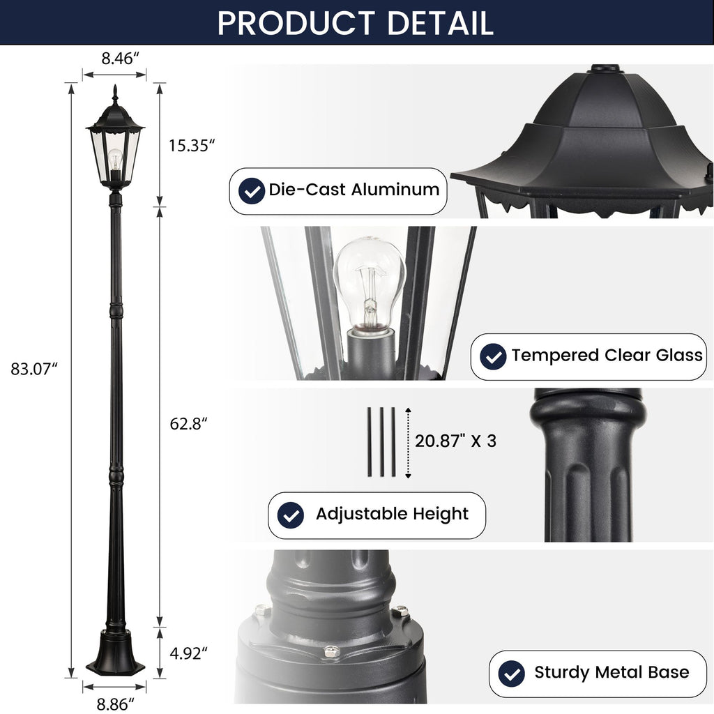 Post Light Fixture Pole Lantern With Die-Cast Aluminum, Waterproof Outdoor Post Light Fixtures Black With Tempered Clear Glass, Non Adjustable, Sturdy Metal Base