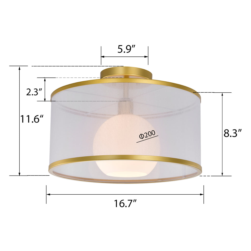Gold & White Modern Drum Polyvinyl Chloride Semi-Flush Mount Light