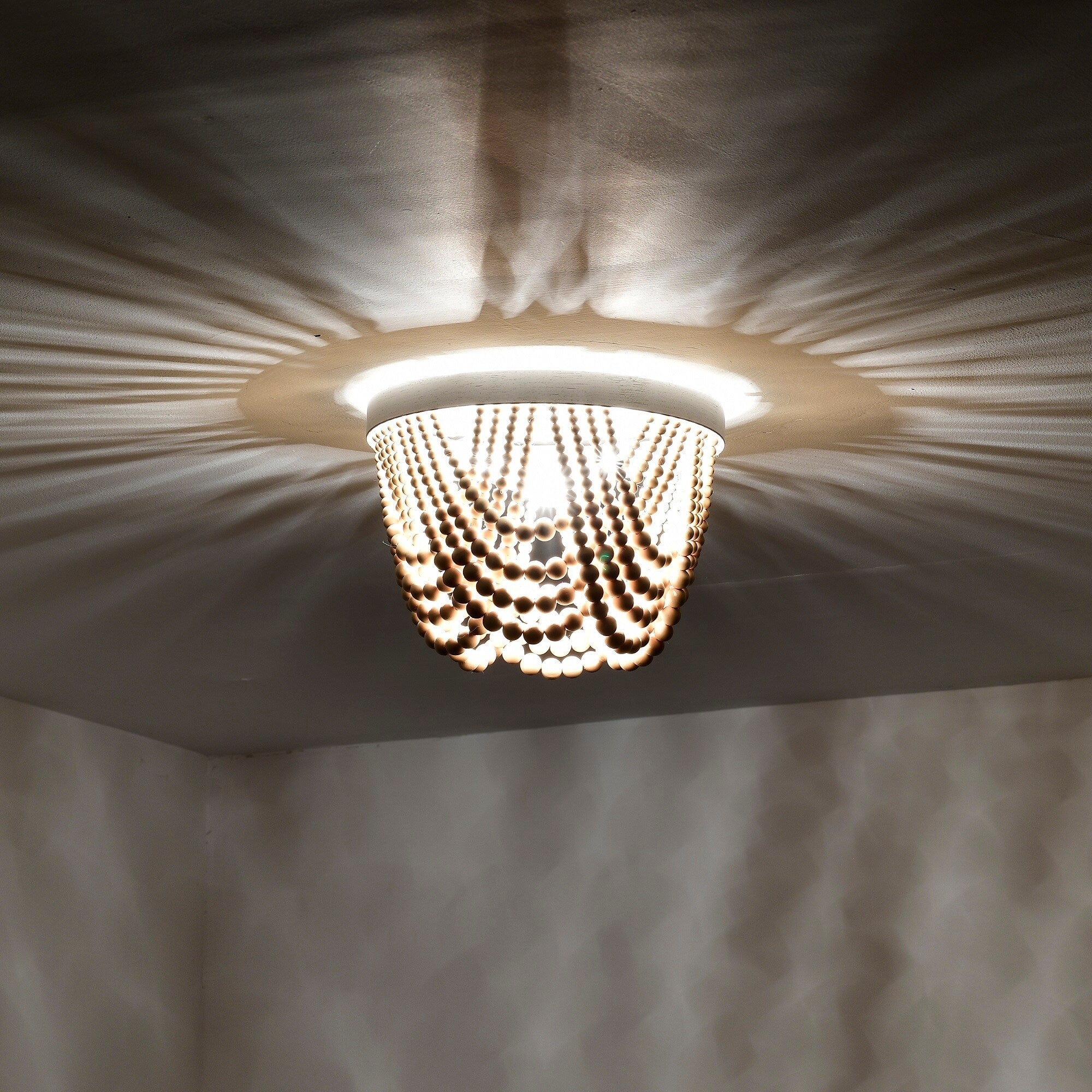 Small Wood Beads Chandelier 3-Light Flush Mount Ceiling Light