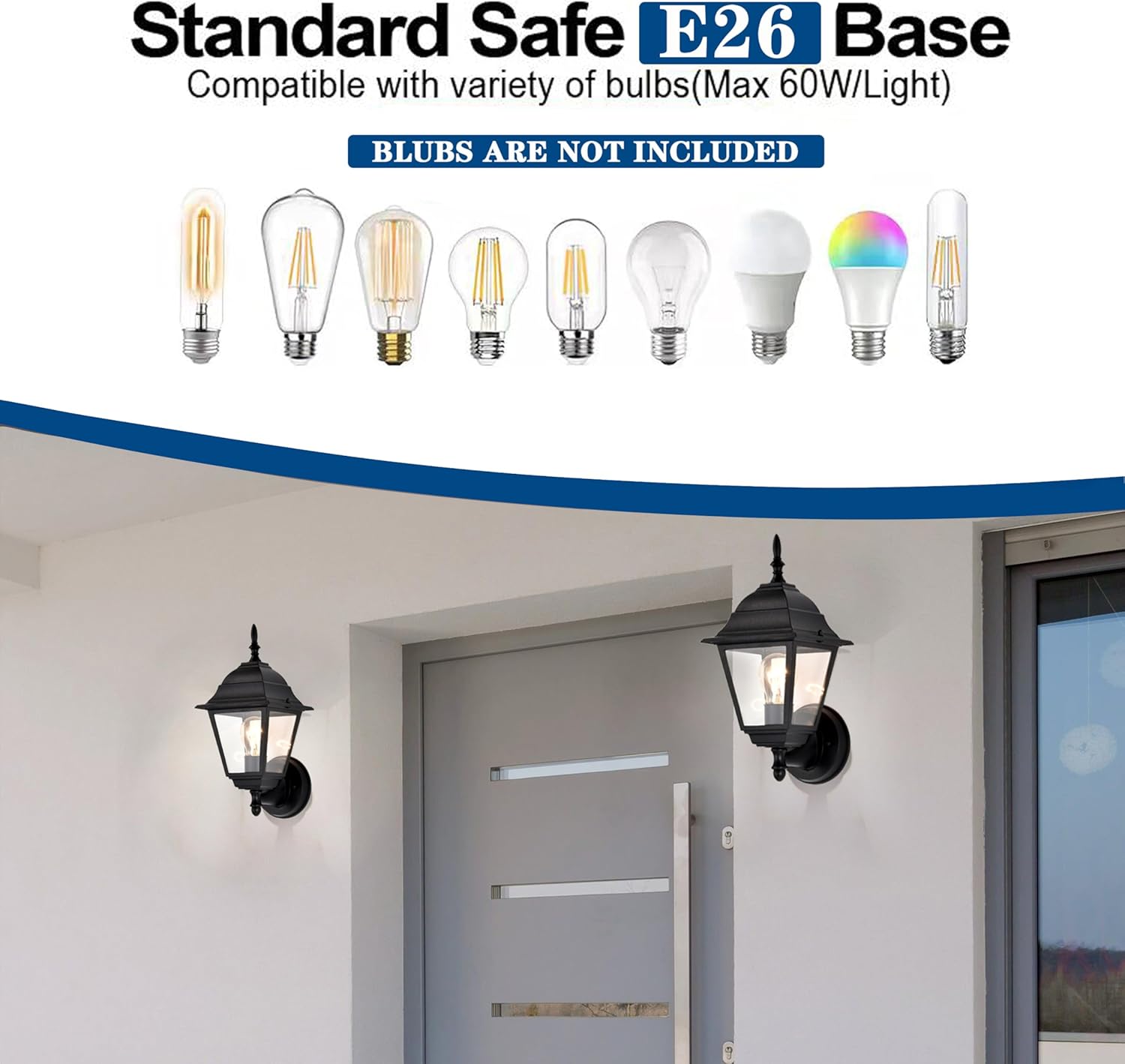 Traditional Outdoor Wall Light, Lantern Style Exterior Sconce with Clear Glass, E26 Base，2 pack