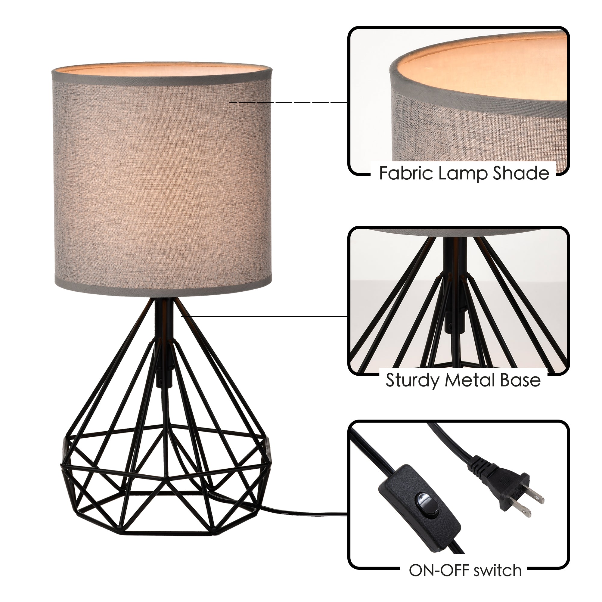 Modern Table Lamp With Black Iron Base, Gray Lampshade And Plug-In Power Source