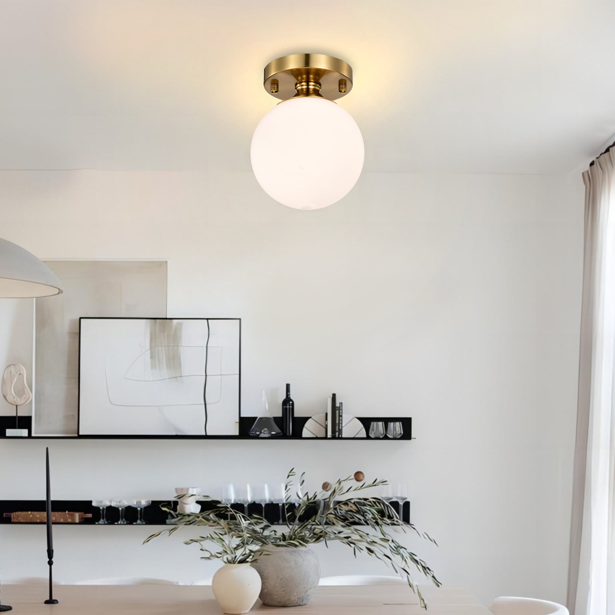 Ceiling Light With Milk White Glass And Golden Base, Diameter 150mm
