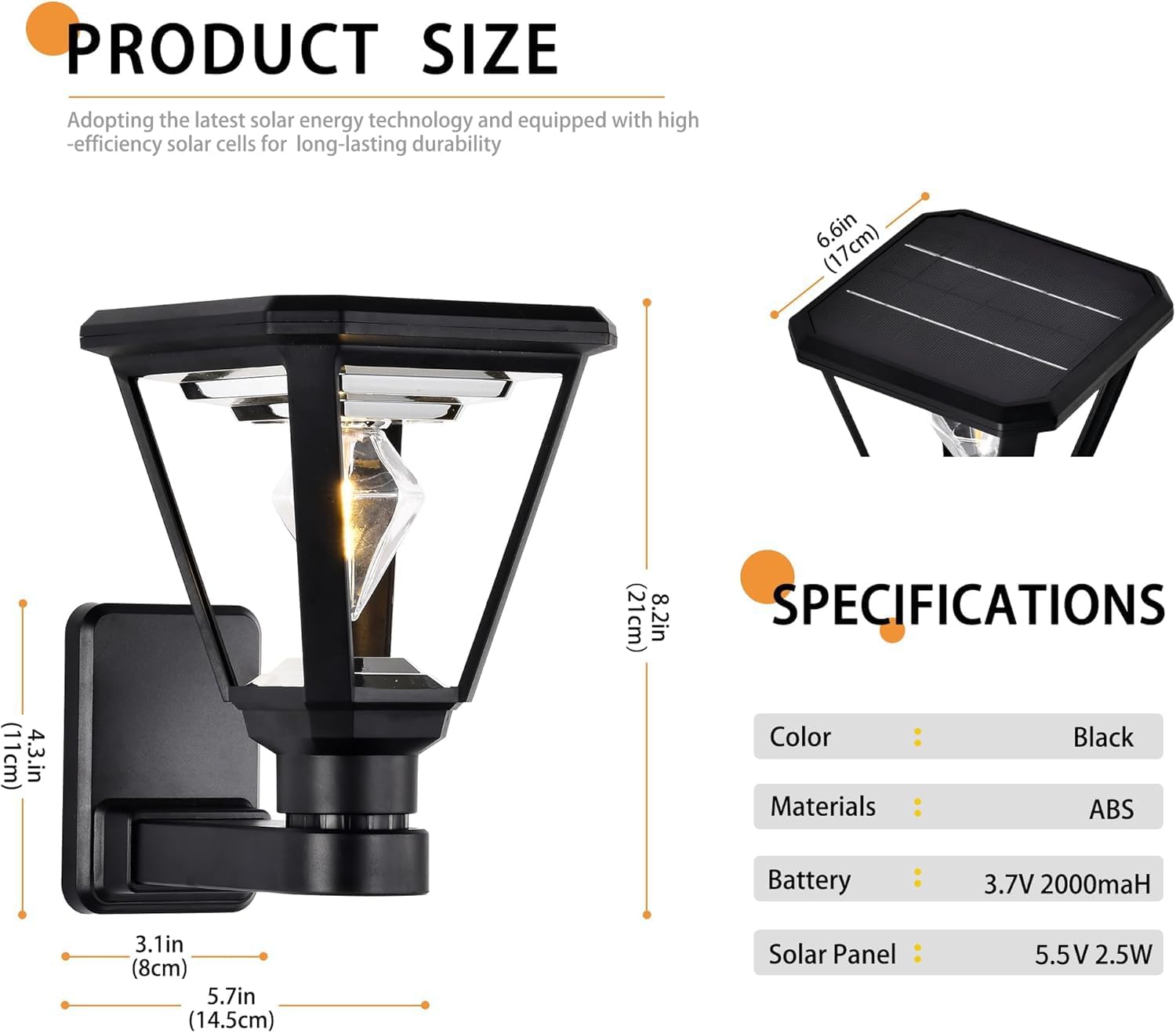 Solar Wall Light Outdoor – Modern Black Solar Lights LED Lantern,2700K Warm White, Waterproof,21 cm, No Wiring – Wall Lamp for Garden, Fence, Garage