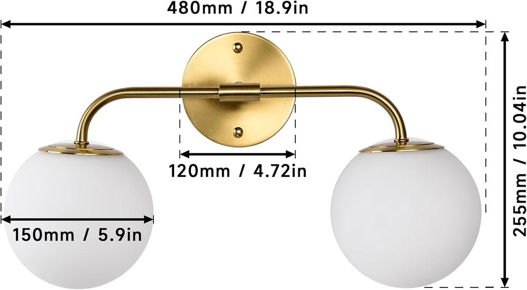 Gold Bathroom Vanity Lights Over Mirror LED 2 Light Frosted Glass Globe Modern Bathroom Light Fixtures