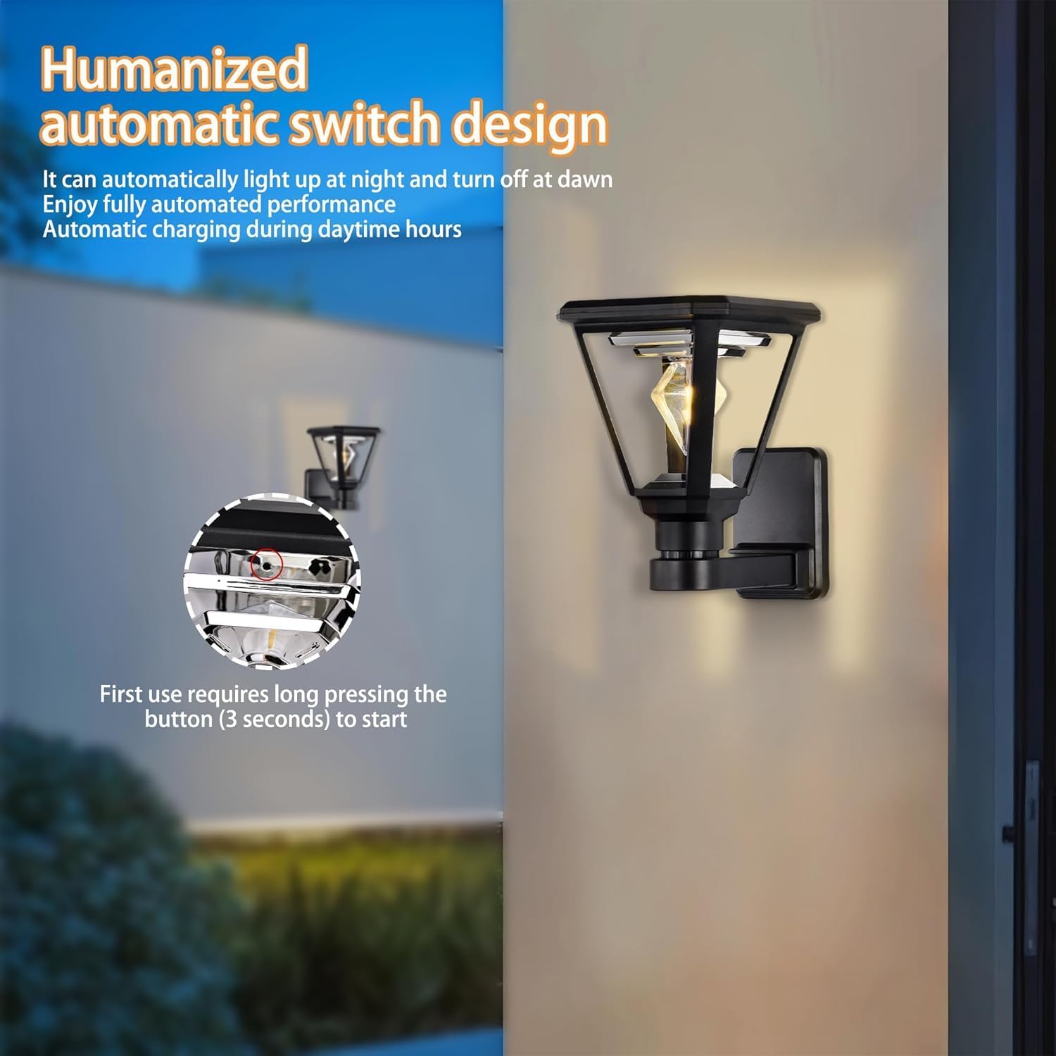 Solar Wall Light Outdoor – Modern Black Solar Lights LED Lantern,2700K Warm White, Waterproof,21 cm, No Wiring – Wall Lamp for Garden, Fence, Garage