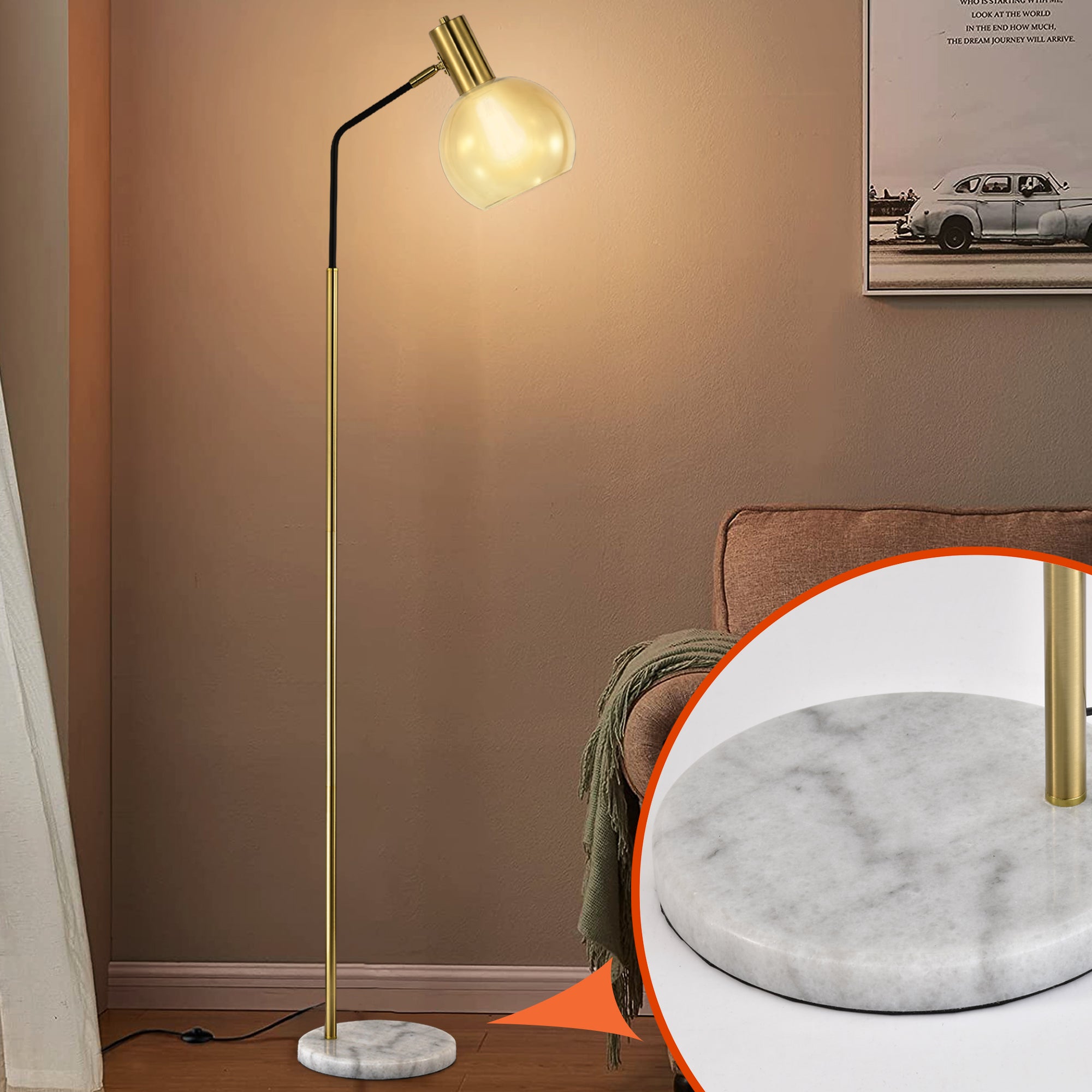 Floor Lamp for Bedroom Mid Century Modern Marble Base Gold Floor Lamp 61"