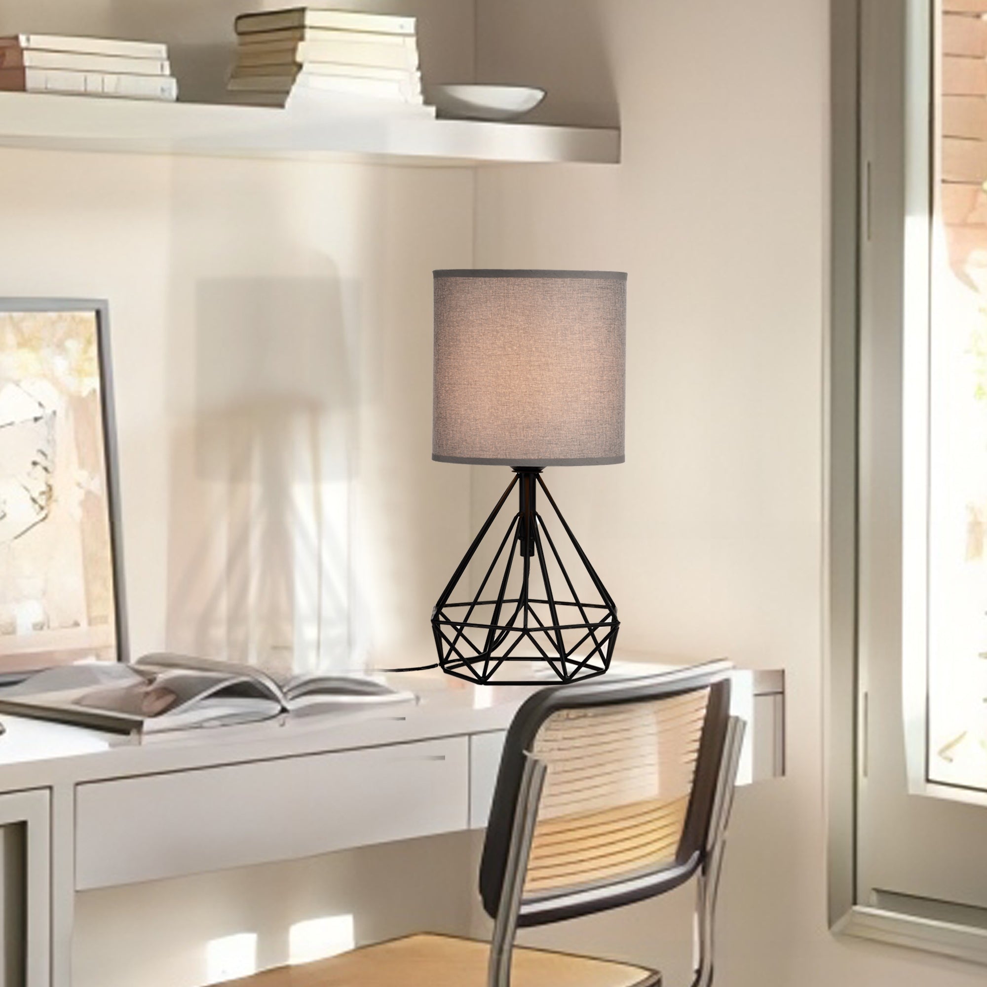 Modern Table Lamp With Black Iron Base, Gray Lampshade And Plug-In Power Source