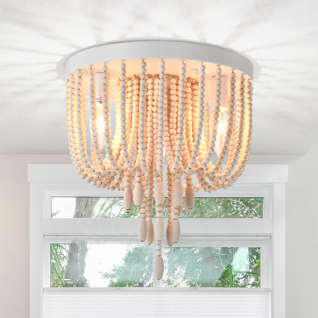 Wood Beaded Chandelier Light Fixture Ceiling 3 Light Nursery Chandelier Boho Chandelier Light Fixture Flush Mount