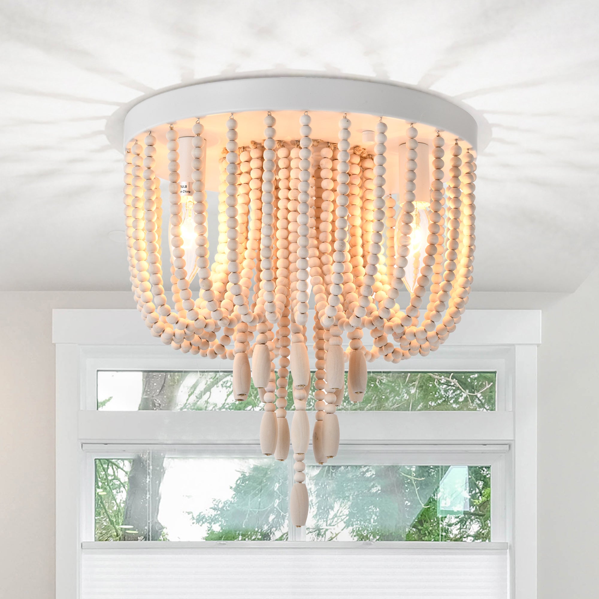 Wood Beaded Chandelier Light Fixture Ceiling 3 Light Nursery Chandelier Boho Chandelier Light Fixture Flush Mount