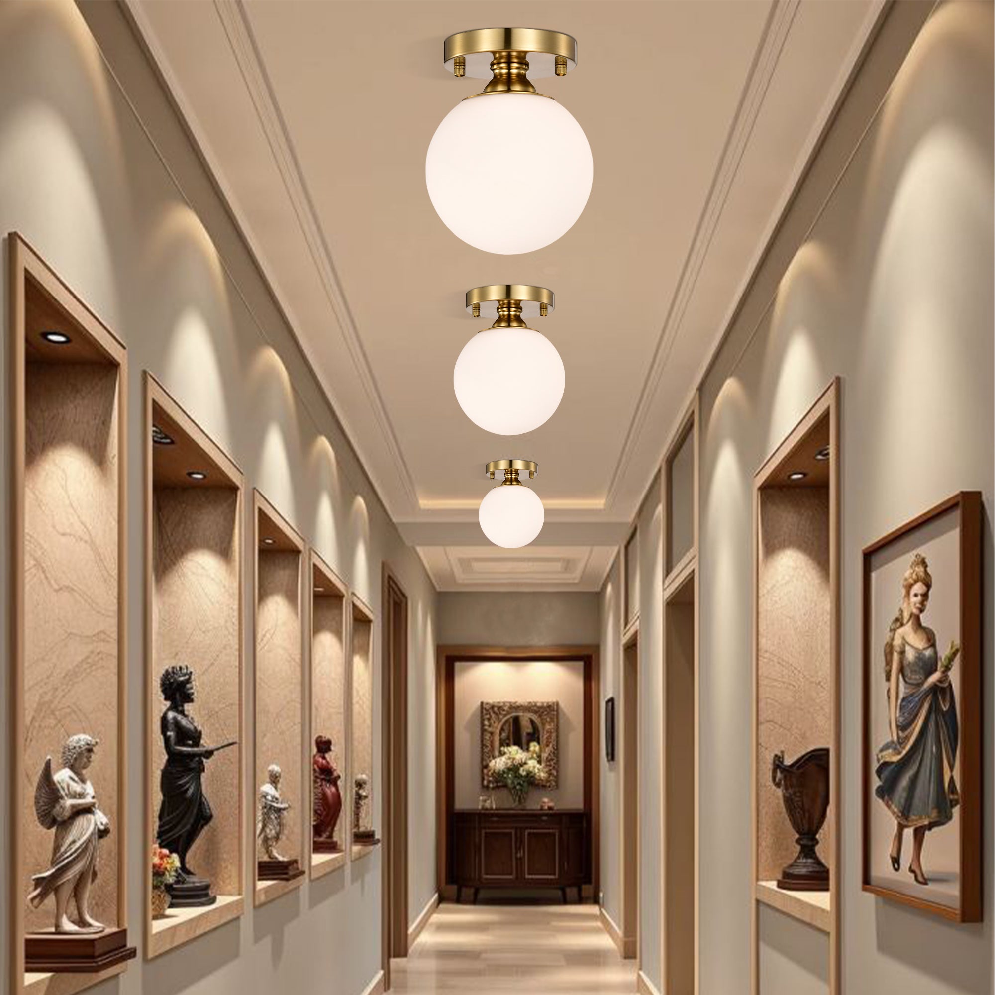 Modern Gold Flush Mount Ceiling Light with White Glass Globe, E12 Base Indoor Ceiling Lamp for Bedroom, Hallway & Kitchen