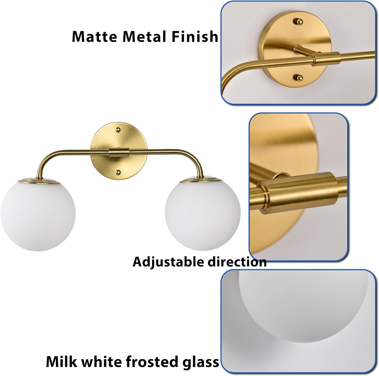 Gold Bathroom Vanity Lights Over Mirror LED 2 Light Frosted Glass Globe Modern Bathroom Light Fixtures