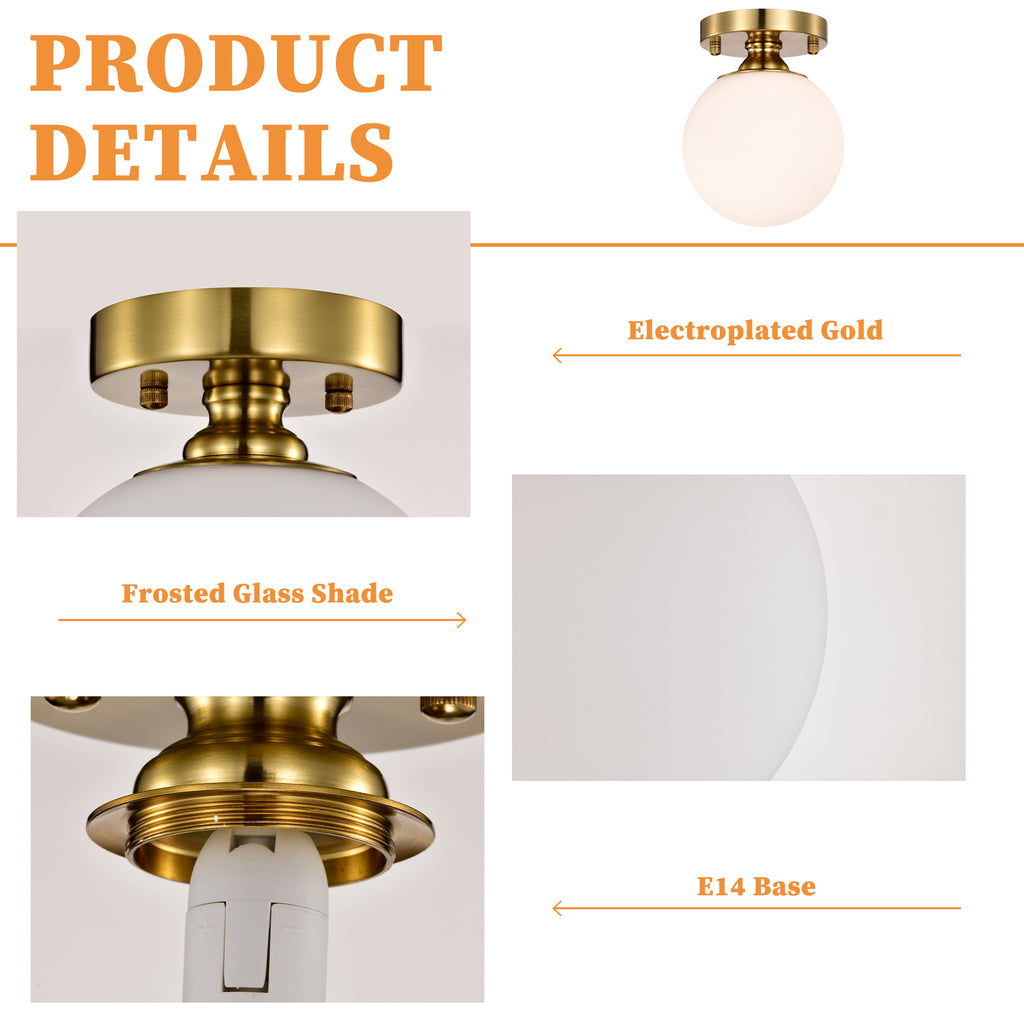 Modern Gold Flush Mount Ceiling Light with White Glass Globe, E12 Base Indoor Ceiling Lamp for Bedroom, Hallway & Kitchen,150mm