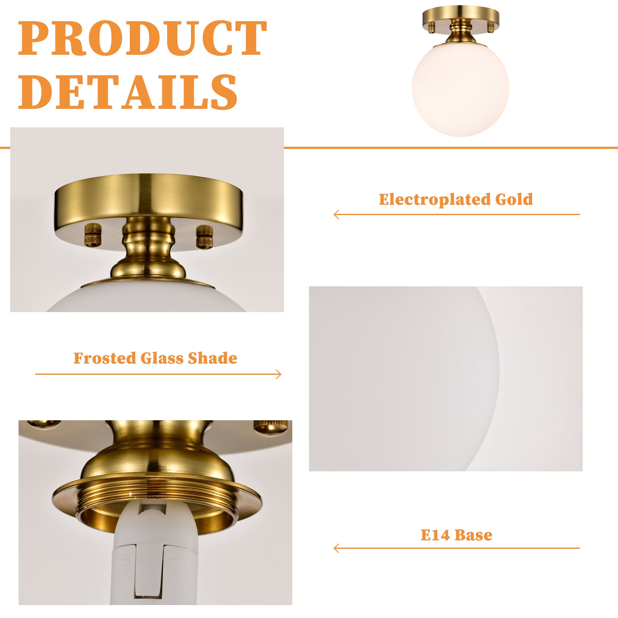 Modern Gold Flush Mount Ceiling Light with White Glass Globe, E12 Base Indoor Ceiling Lamp for Bedroom, Hallway & Kitchen,150mm