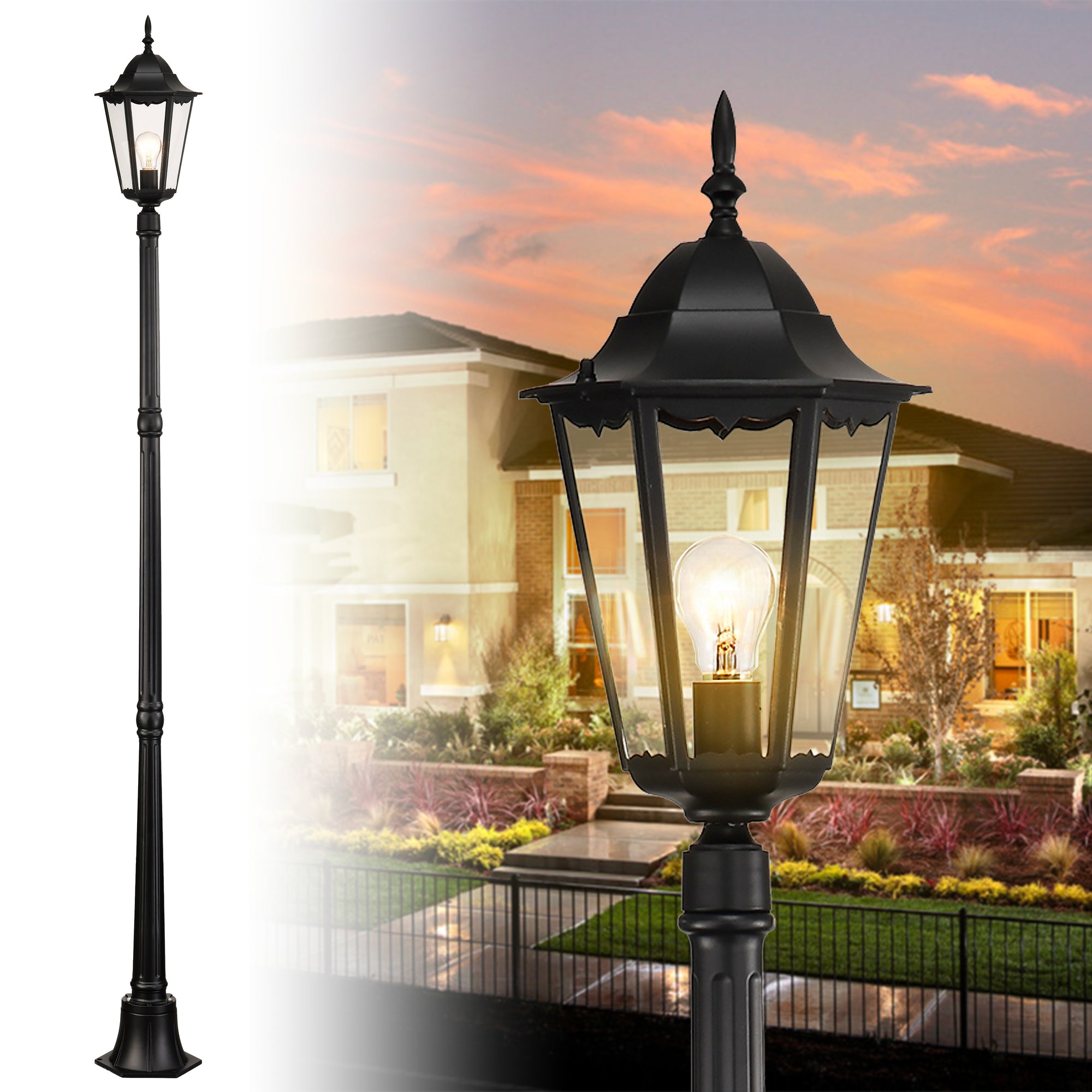 Post Light Fixture Pole Lantern With Die-Cast Aluminum, Waterproof Outdoor Post Light Fixtures Black With Tempered Clear Glass, Non Adjustable, Sturdy Metal Base