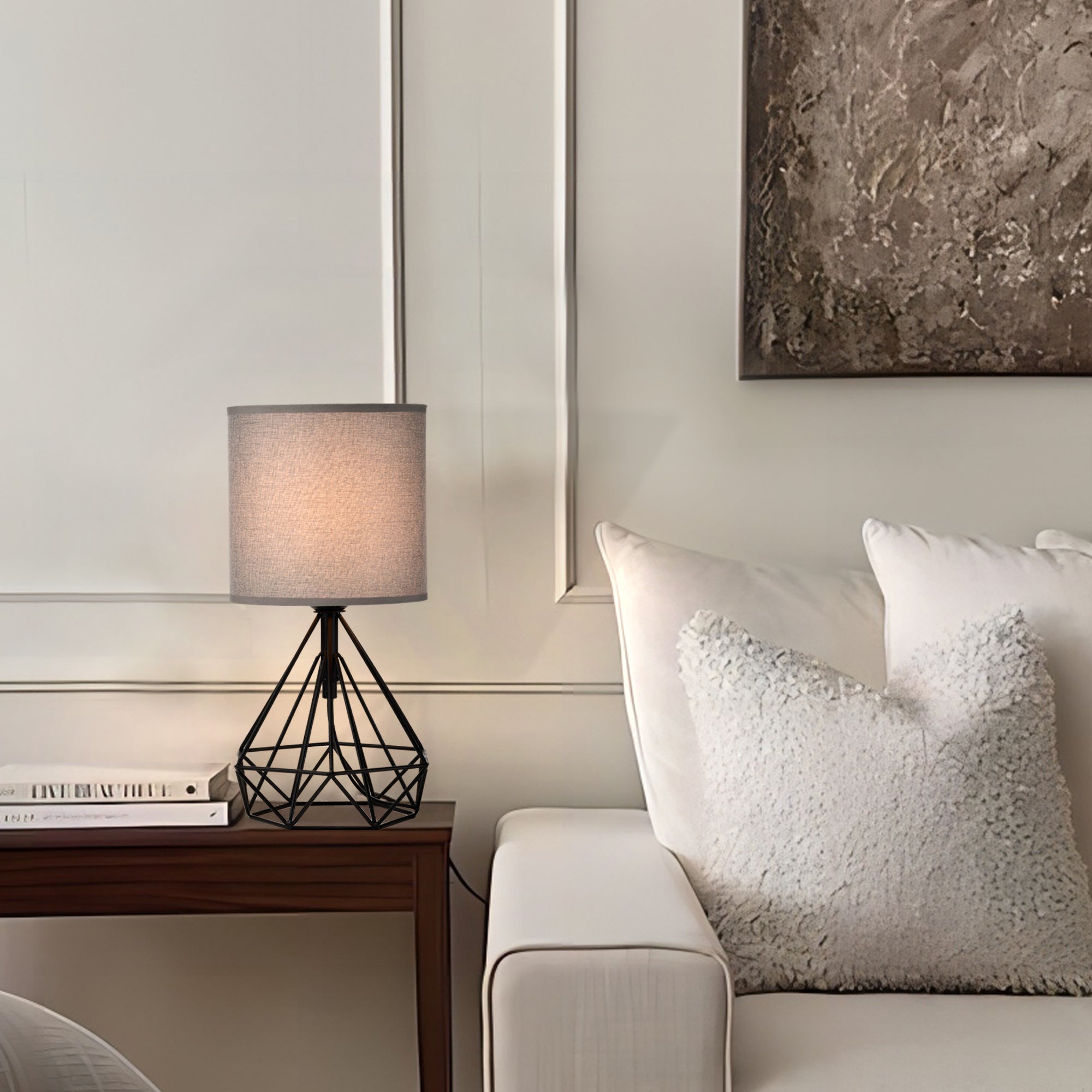 Modern Table Lamp With Black Iron Base, Gray Lampshade And Plug-In Power Source