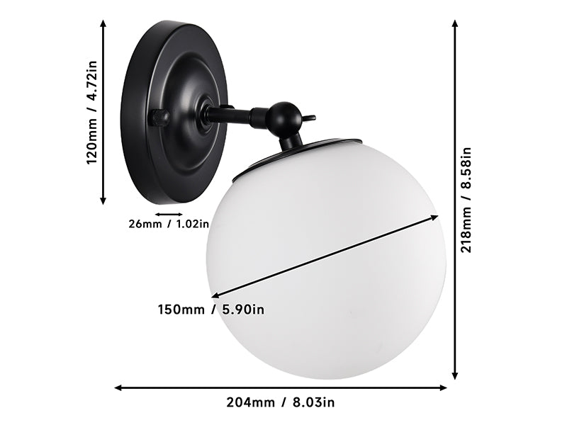 Globe Wall Sconce Black with 150mm Bathroom Wall Sconce Milk Glass Mid Century LED Wall Sconce Light