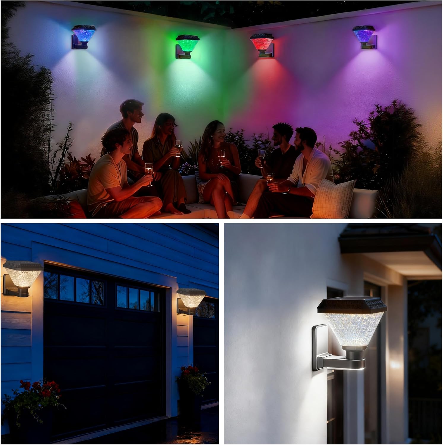 Outdoor Solar Wall Light Waterproof with Remote & Timer, Dimmable RGB Colour Changing LED Solar Wall Lamp for Porch, Garage & Front Door Lighting