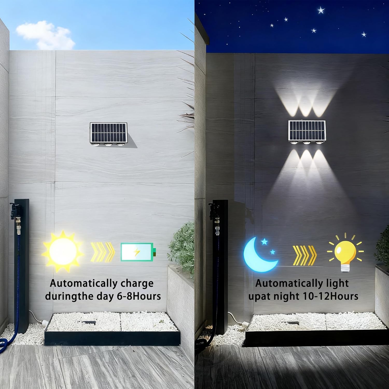 Solar Outdoor Wall Lights Waterproof, 1Pack Warm White 6 LED Small Solar Exterior Lights with Up & Down Lighting,Black Decorative Solar Fence Light for Patio, Yard & Garden