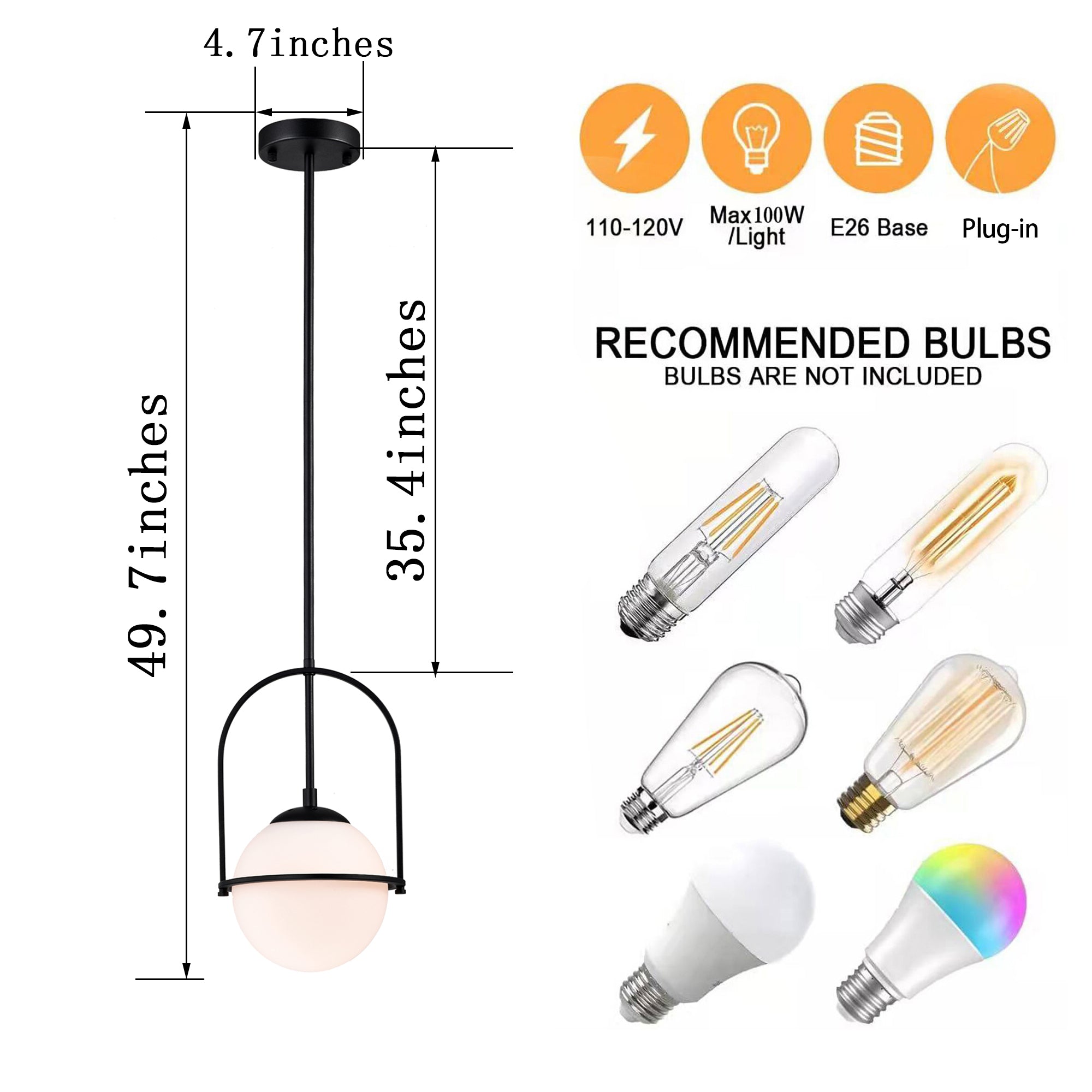 Black Pendant Light Fixtures Cream White Glass Pendant Light 1-Light Globe Pendant Light Modern Pendant Lights Kitchen Island Mid Century Chandelier