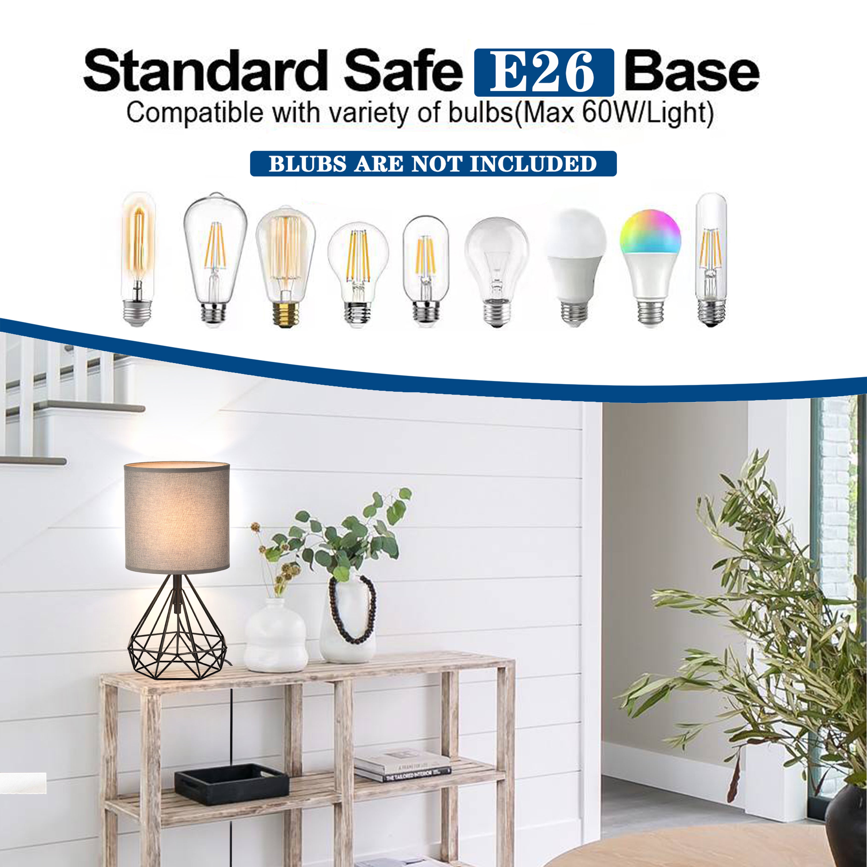 Modern Table Lamp With Black Iron Base, Gray Lampshade And Plug-In Power Source
