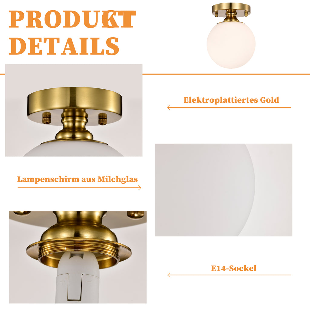 Modern Gold Flush Mount Ceiling Light with White Glass Globe, E12 Base Indoor Ceiling Lamp for Bedroom, Hallway & Kitchen