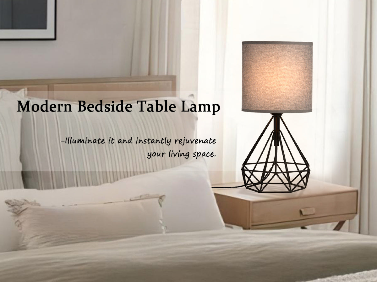Modern Table Lamp With Black Iron Base, Gray Lampshade And Plug-In Power Source