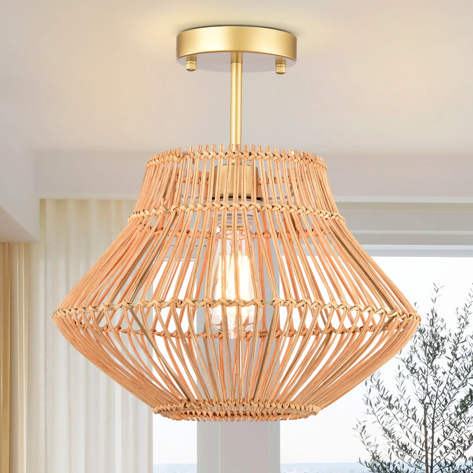 Brown Bohemian Woven Rattan Semi-Flush Mount Light with lantern shape