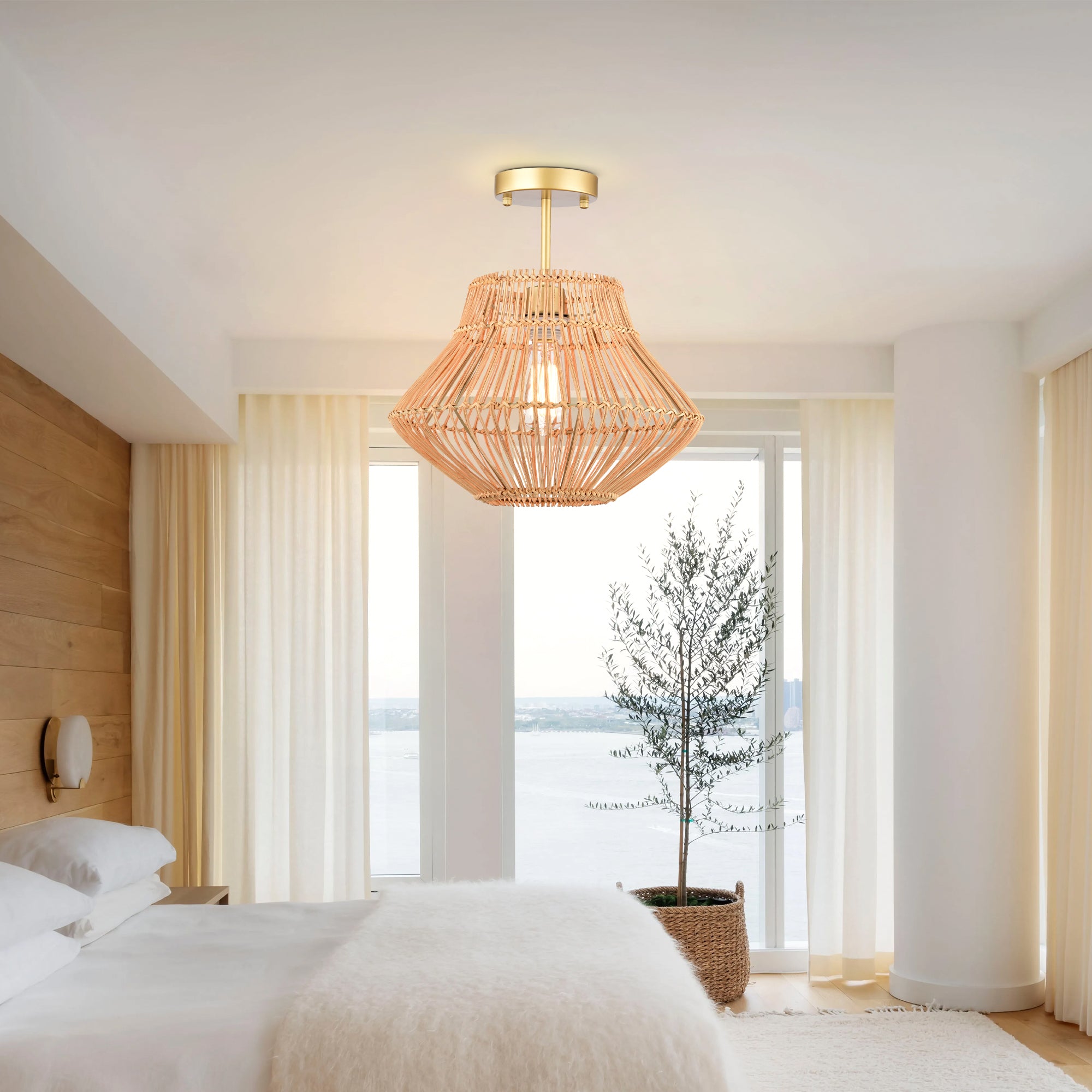 Brown Bohemian Woven Rattan Semi-Flush Mount Light with lantern shape