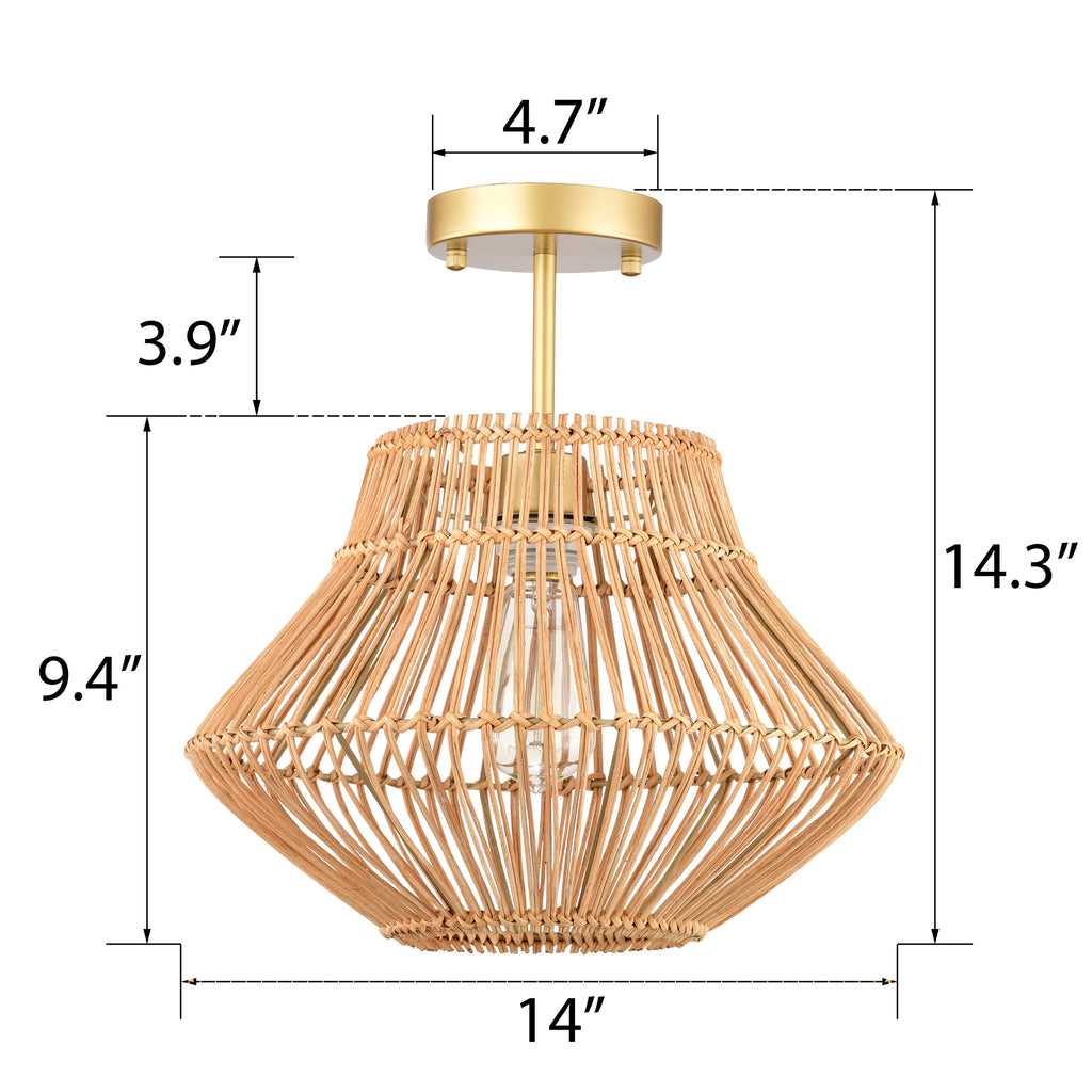 Brown Bohemian Woven Rattan Semi-Flush Mount Light with lantern shape