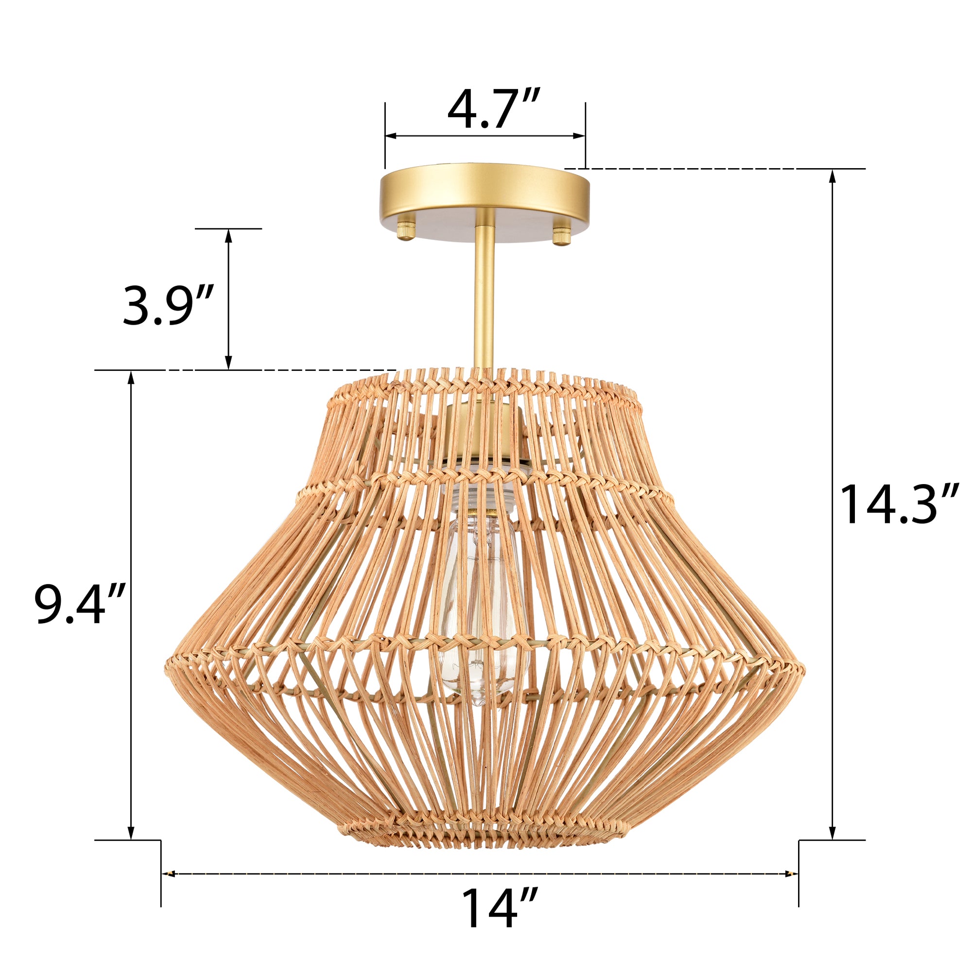 Brown Bohemian Woven Rattan Semi-Flush Mount Light with lantern shape