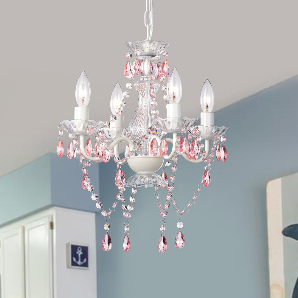 Pink colorful crystal chandelier in a whimsical girls bedroom