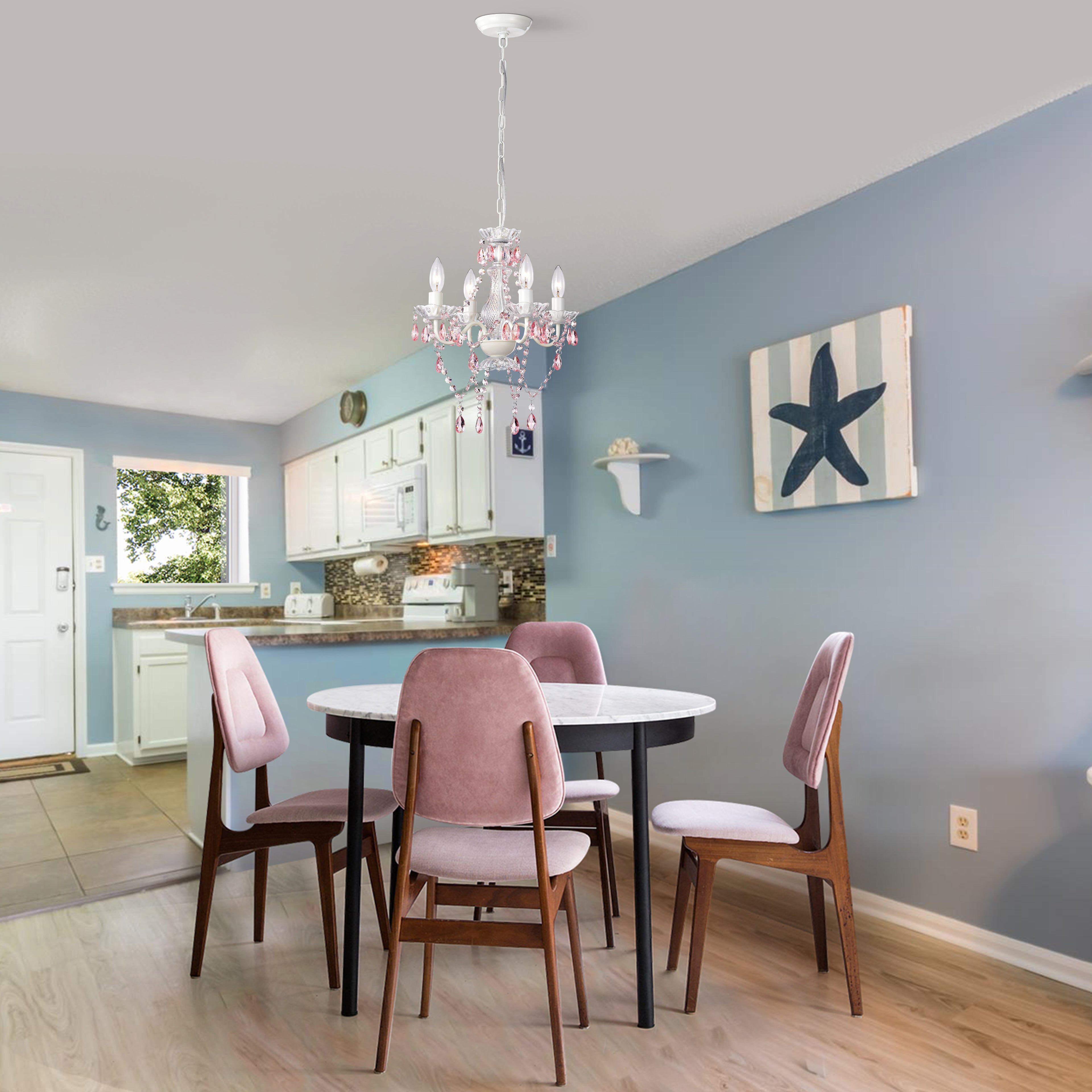 4-Light Crystal Chandelier with Adjustable Chain, E12 Candelabra Acrylic Pendant Light for Bedroom, Dining Room & Living Room