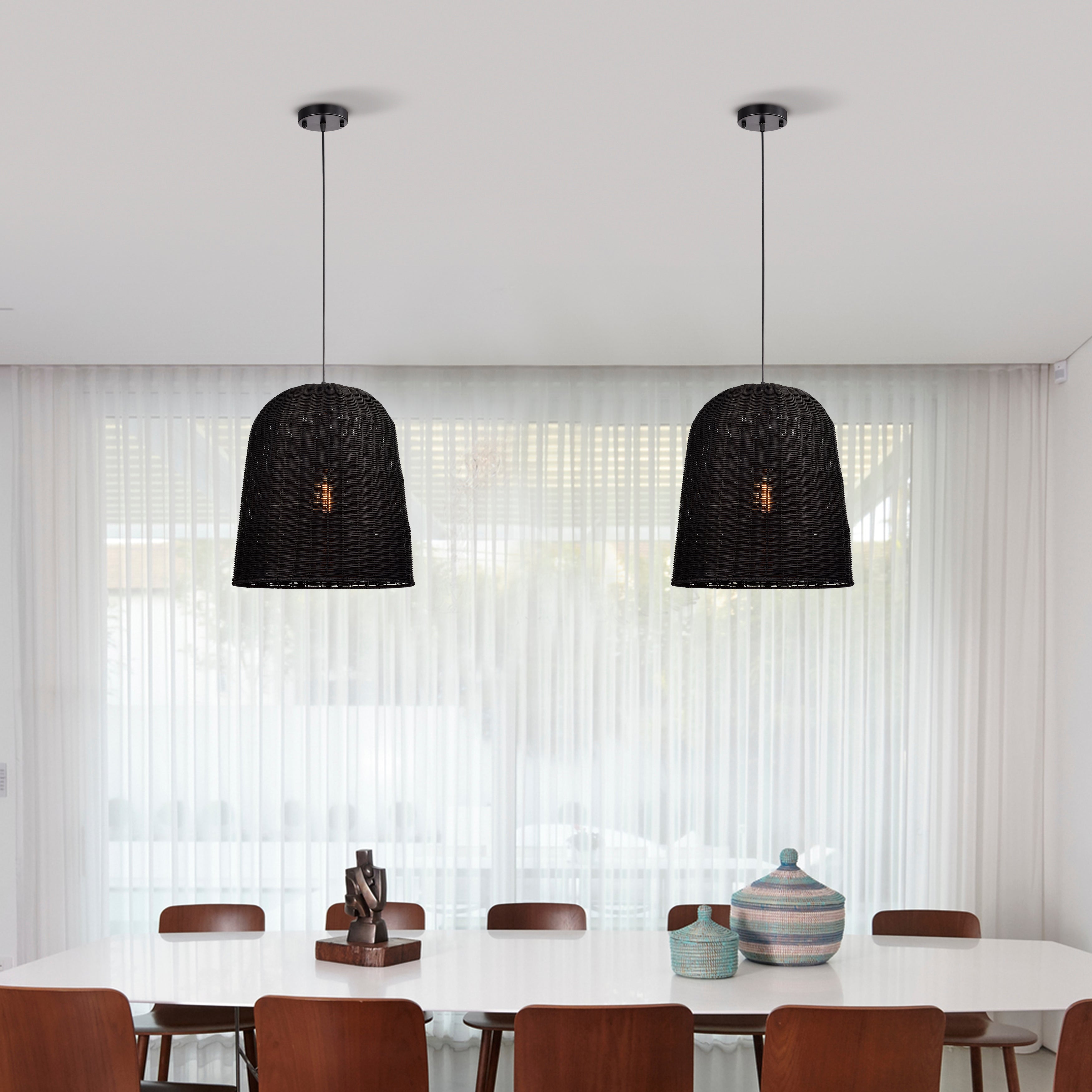 Black Bohemian Bell Woven Rattan Pendant Light for dining room