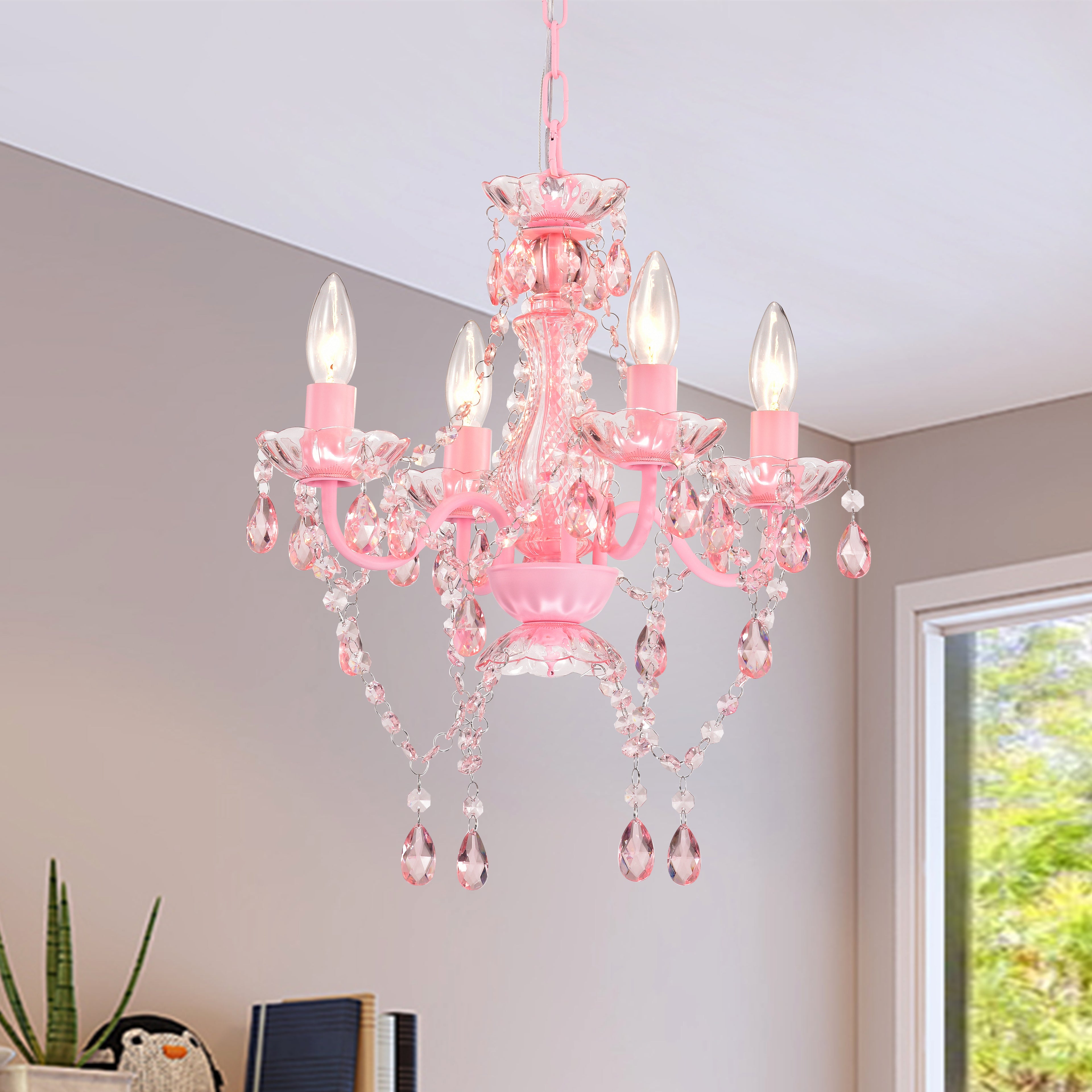 4-Light Crystal Chandelier with Adjustable Chain, E12 Candelabra Acrylic Pendant Light for Bedroom, Dining Room & Living Room