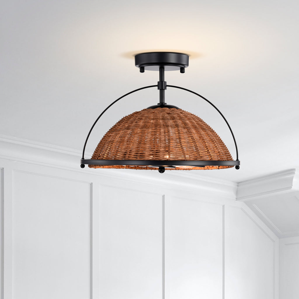 Brown Bohemian Woven Rattan Semi-Flush Mount Light for Dining Room