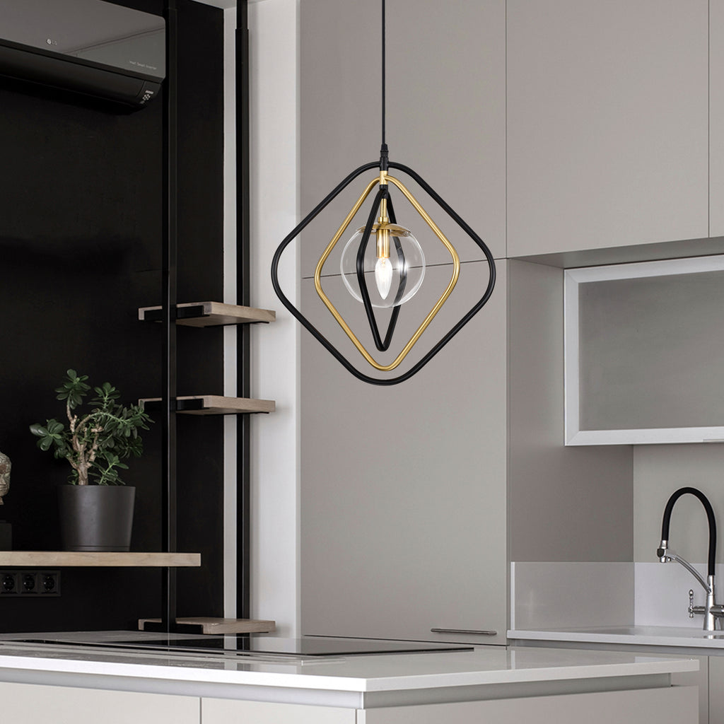 Black&Gold Pendant Light with Clear Globe Glass Lampshade for Bedroom Room