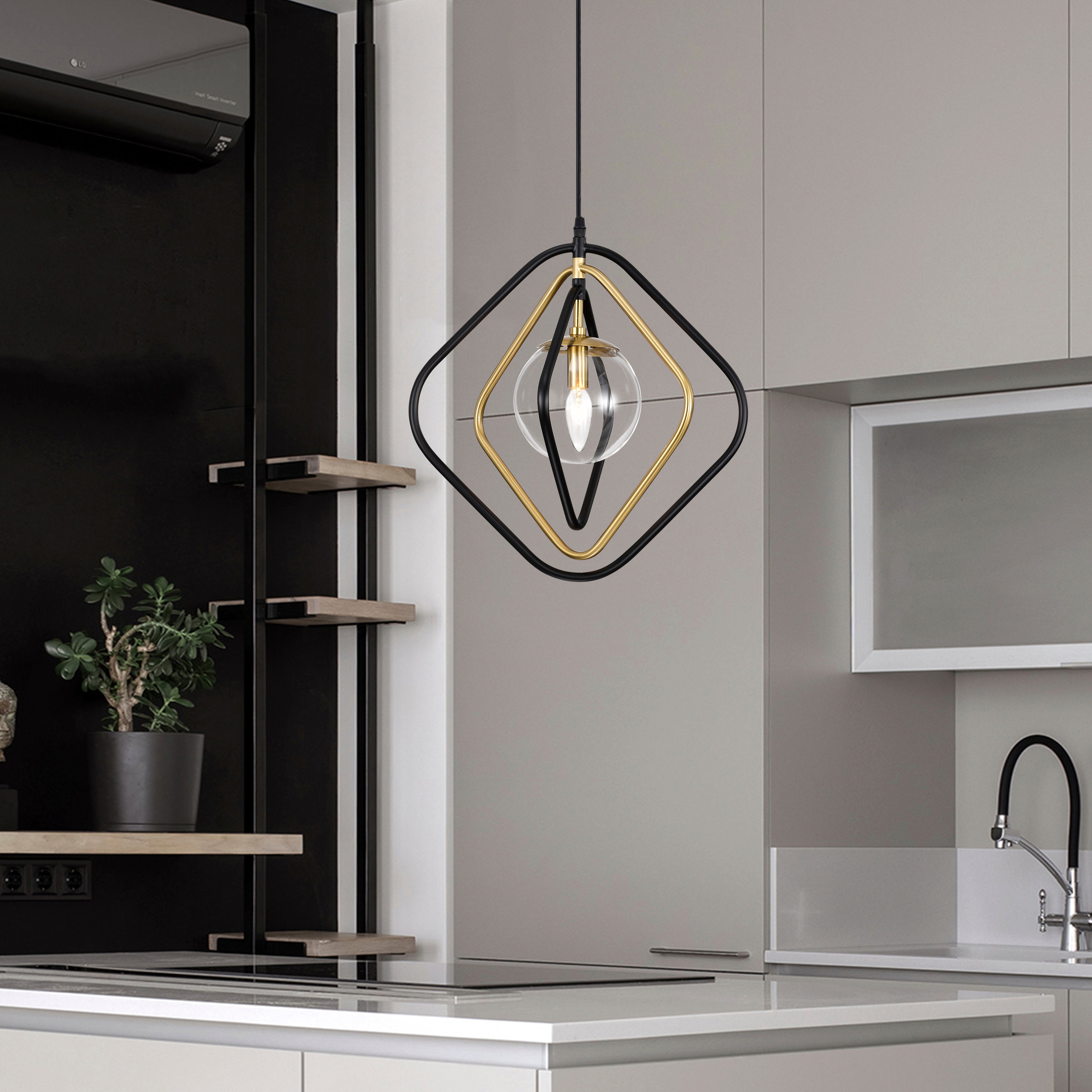 Black&Gold Pendant Light with Clear Globe Glass Lampshade for Bedroom Room