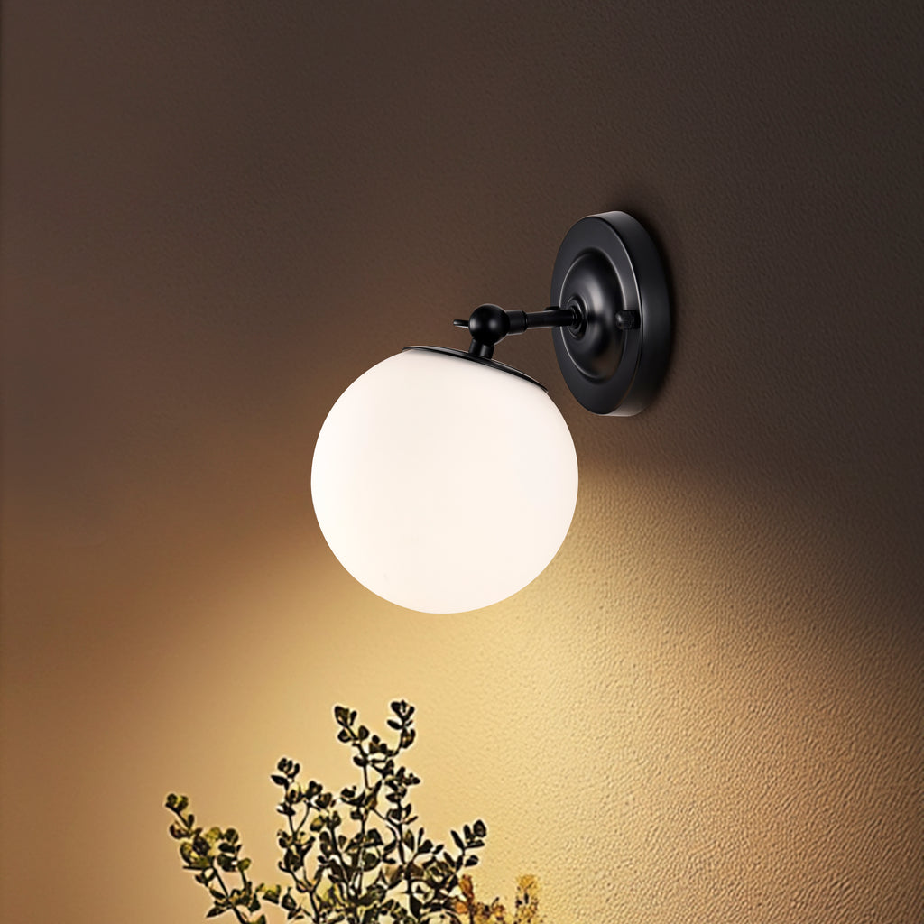 Globe Wall Sconce Black with 150mm Bathroom Wall Sconce Milk Glass Mid Century LED Wall Sconce Light
