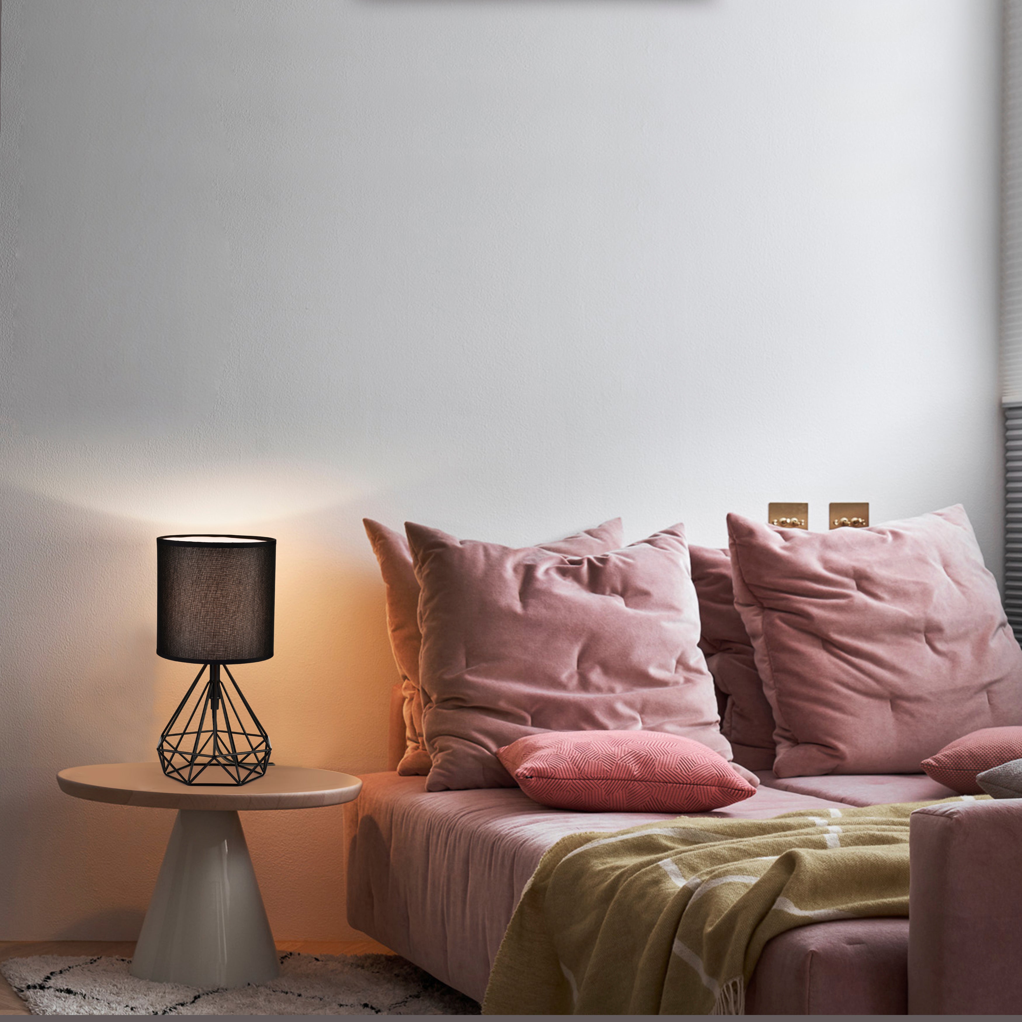 Black Modern Table Lamp Geometric Metal Base with Fabric Shade