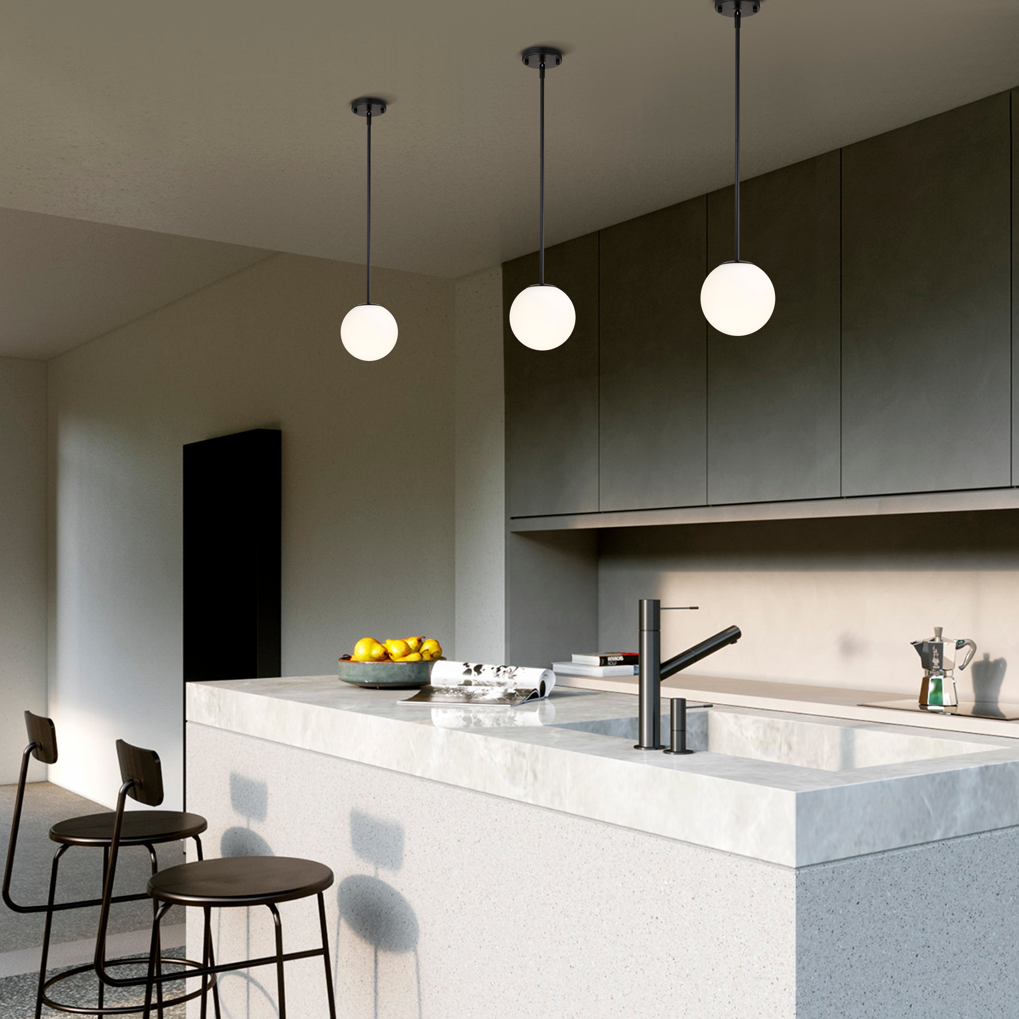 Milk White Glass 150mm Pendant Light Fixture, 7W, One Light Hanging Fixture for Kitchen Island, Adjustable Length Indoor Lighting for Dinning Room Bedroom