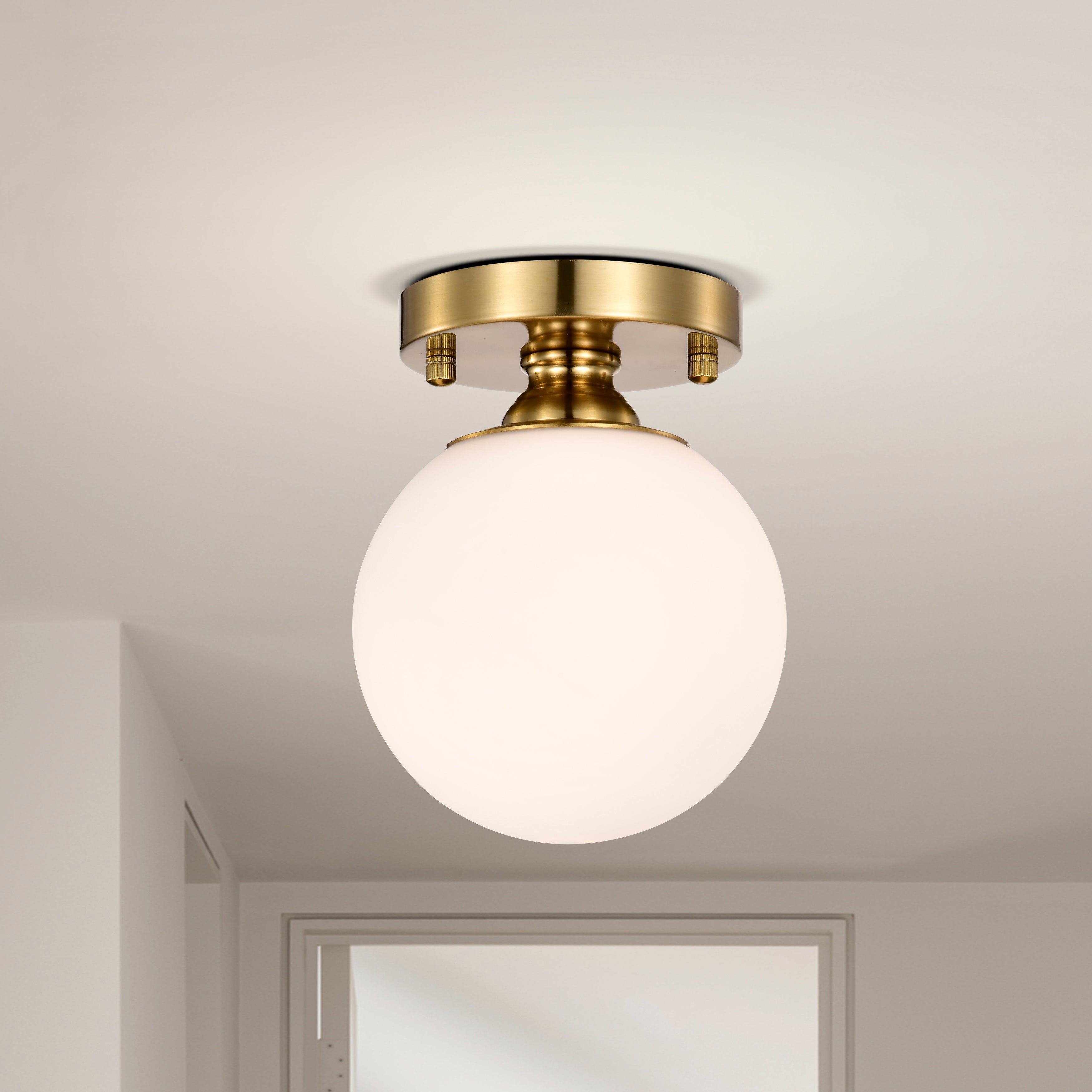 Modern Gold Flush Mount Ceiling Light with White Glass Globe, E12 Base Indoor Ceiling Lamp for Bedroom, Hallway & Kitchen,150mm