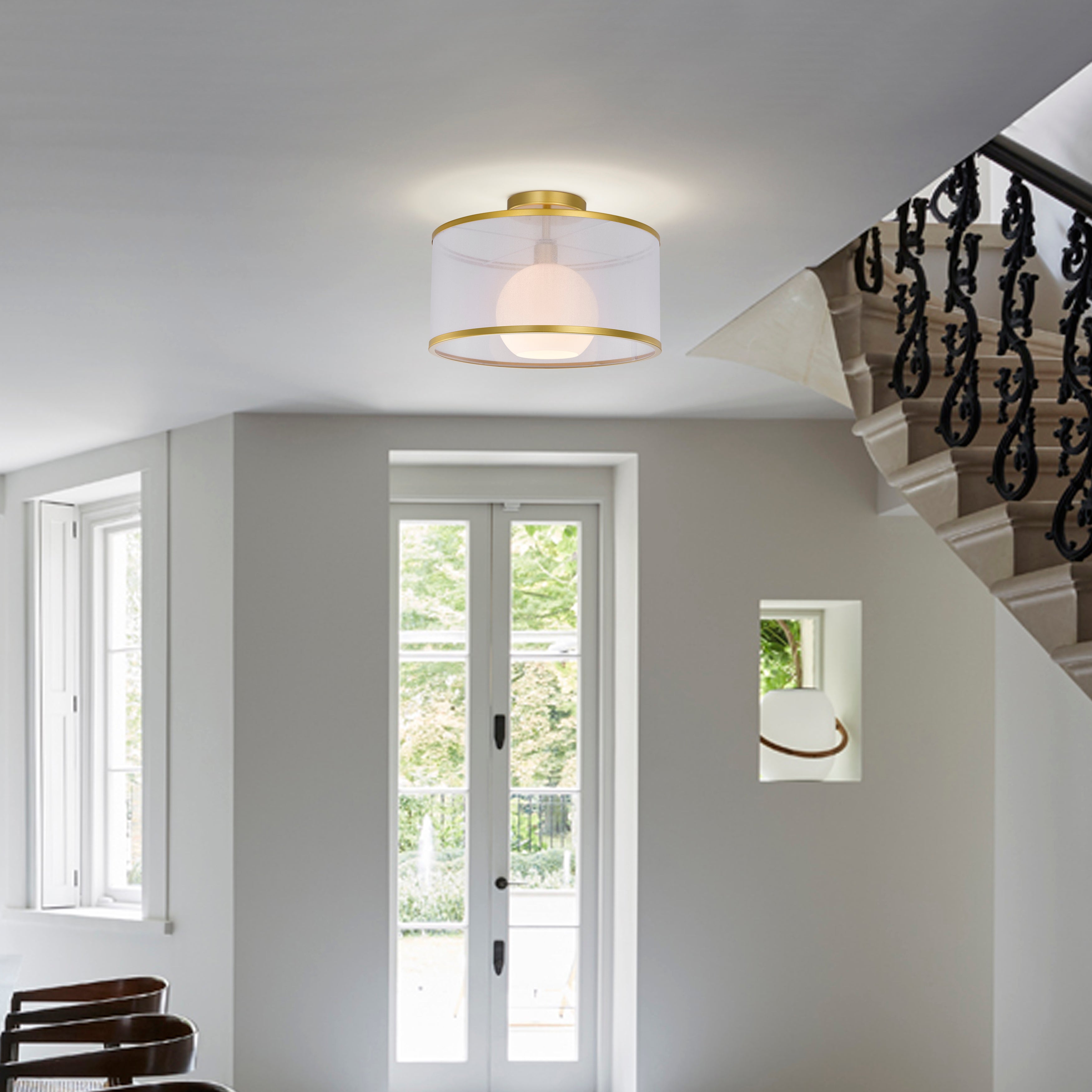 Gold & White Modern Drum Polyvinyl Chloride Semi-Flush Mount Light