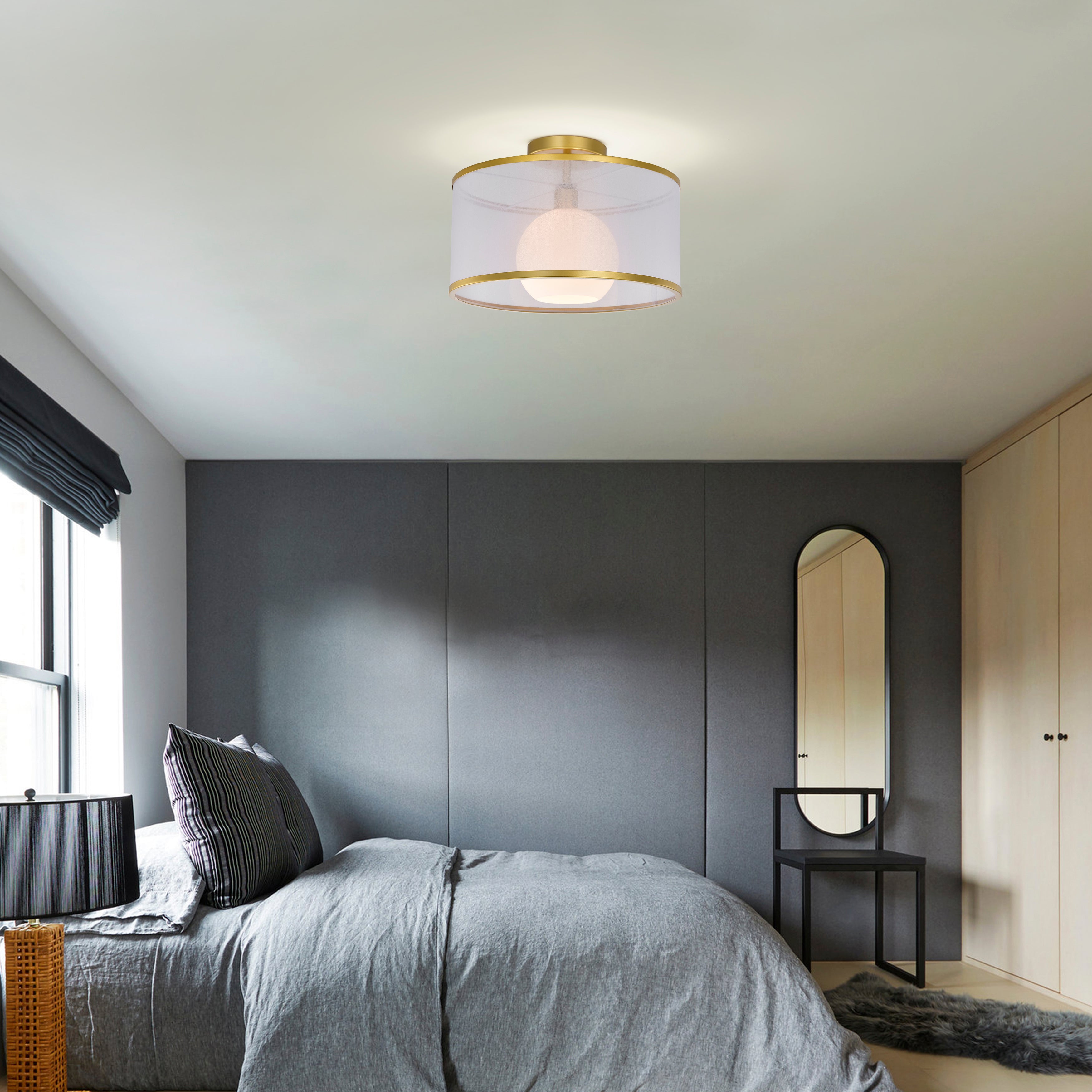 Gold & White Modern Drum Polyvinyl Chloride Semi-Flush Mount Light